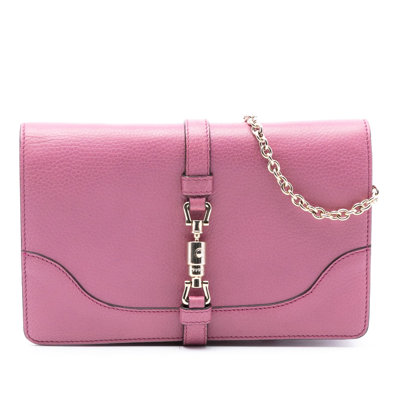Gucci Broadway Pink Leather Bag with Piston Lock and Chain Strap: Gucci Broadway Pink Leather Bag with Piston Lock and Chain Strap This Gucci Pebbled Calfskin Piston Broadway Evening Bag is crafted from pink leather and features a detachable chain shoulder strap, a