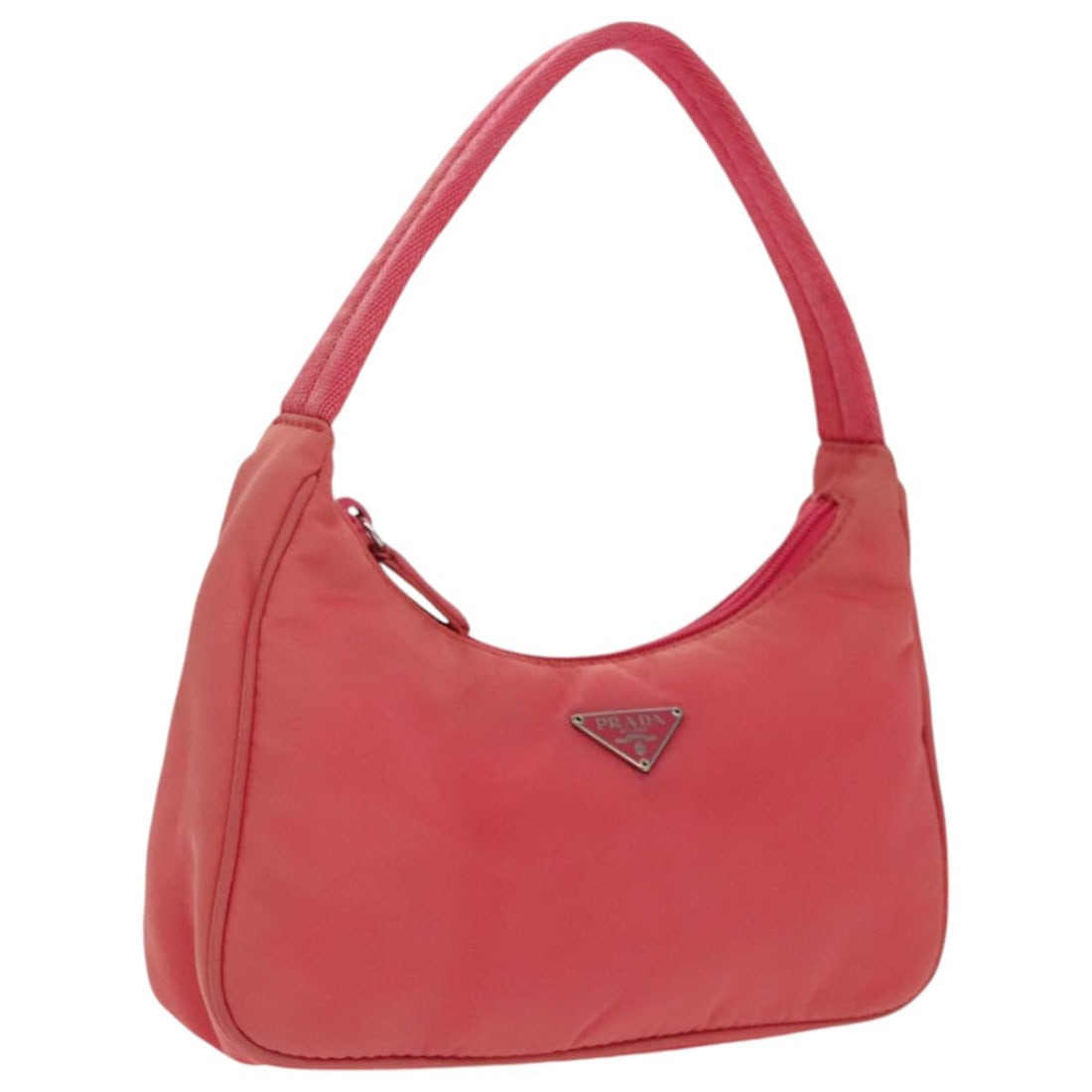 Prada Nylon Pink Re-Edition 2000 Hobo Bag 22cm x 12cm x 7cm: Prada Nylon Pink Re-Edition 2000 Hobo Bag 22cm x 12cm x 7cm This Prada Re-Edition 2000 Hobo bag for women features a pink nylon exterior with a hobo silhouette. It shows signs of wear including shape