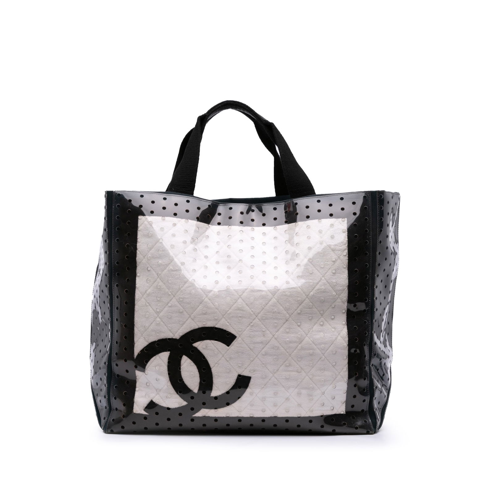 Chanel CC Quilted Cotton PVC Punching Tote White Italy: Chanel CC Quilted Cotton PVC Punching Tote White Italy The Chanel CC Quilted Cotton and PVC Punching Tote is a stylish accessory combining elegance with practicality. This tote features a durable cott