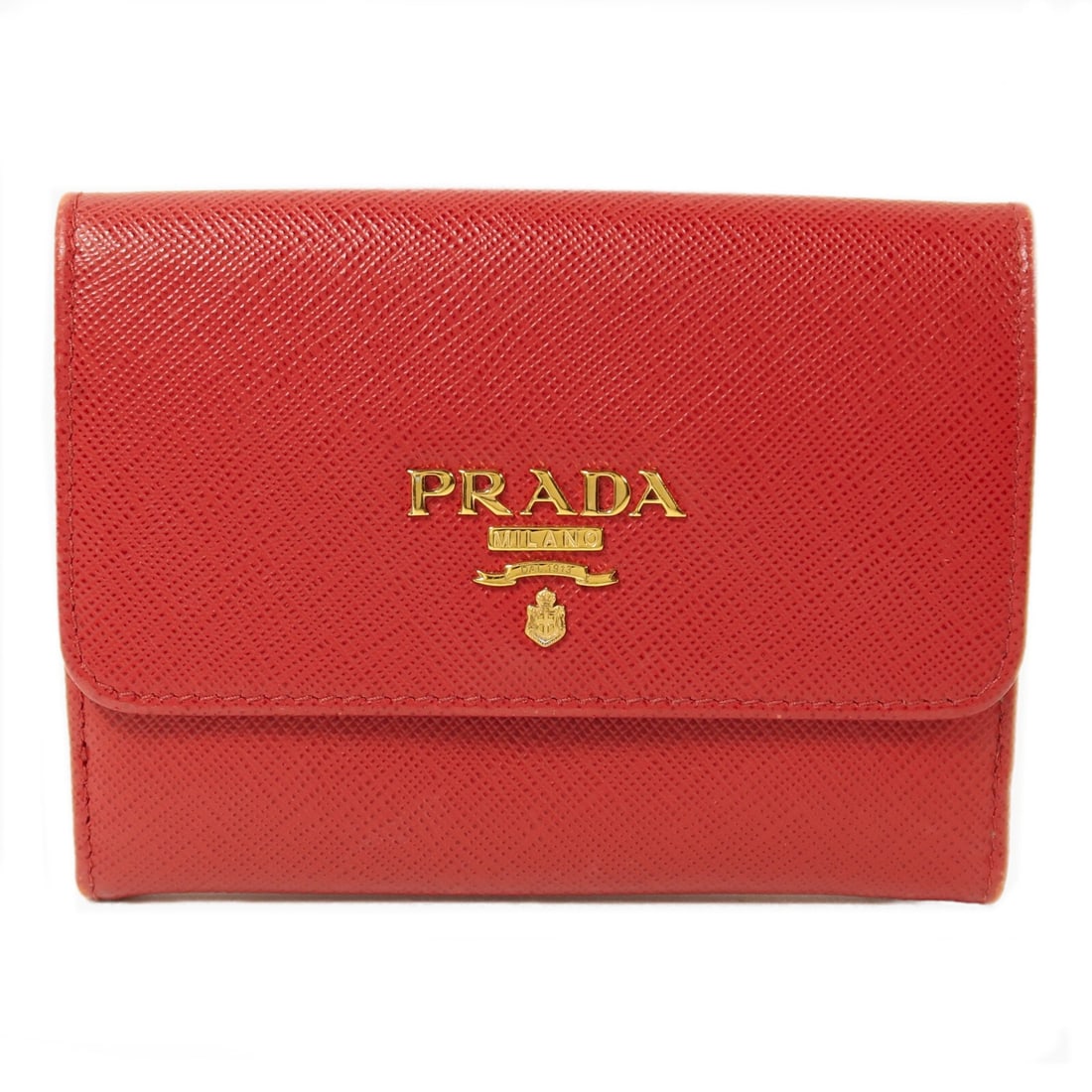 Red Prada Portafoglio Pattina Calfskin Bi-Fold Wallet with Gold Hardware: Red Prada Portafoglio Pattina Calfskin Bi-Fold Wallet with Gold Hardware This Prada bi-fold wallet is crafted from red calfskin leather and features a classic design with gold-tone hardware. Made in I