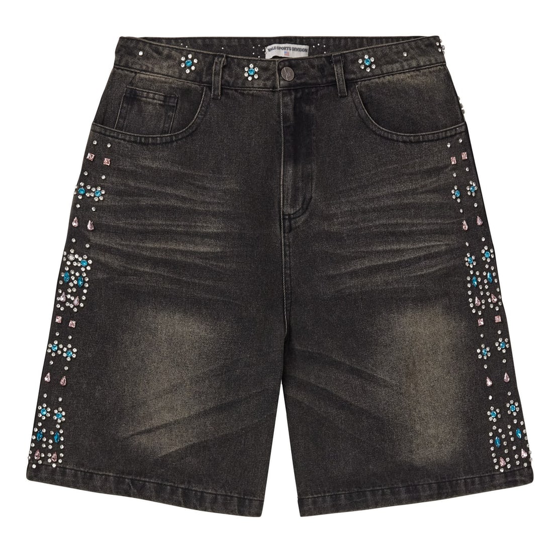 High-Rise Black Denim Shorts with Multicolor Rhinestone Embellishments: High-Rise Black Denim Shorts with Multicolor Rhinestone Embellishments These Vale Candy Rhinestone Black Denim Shorts feature premium black denim with vibrant multicolor rhinestone embellishments. Des