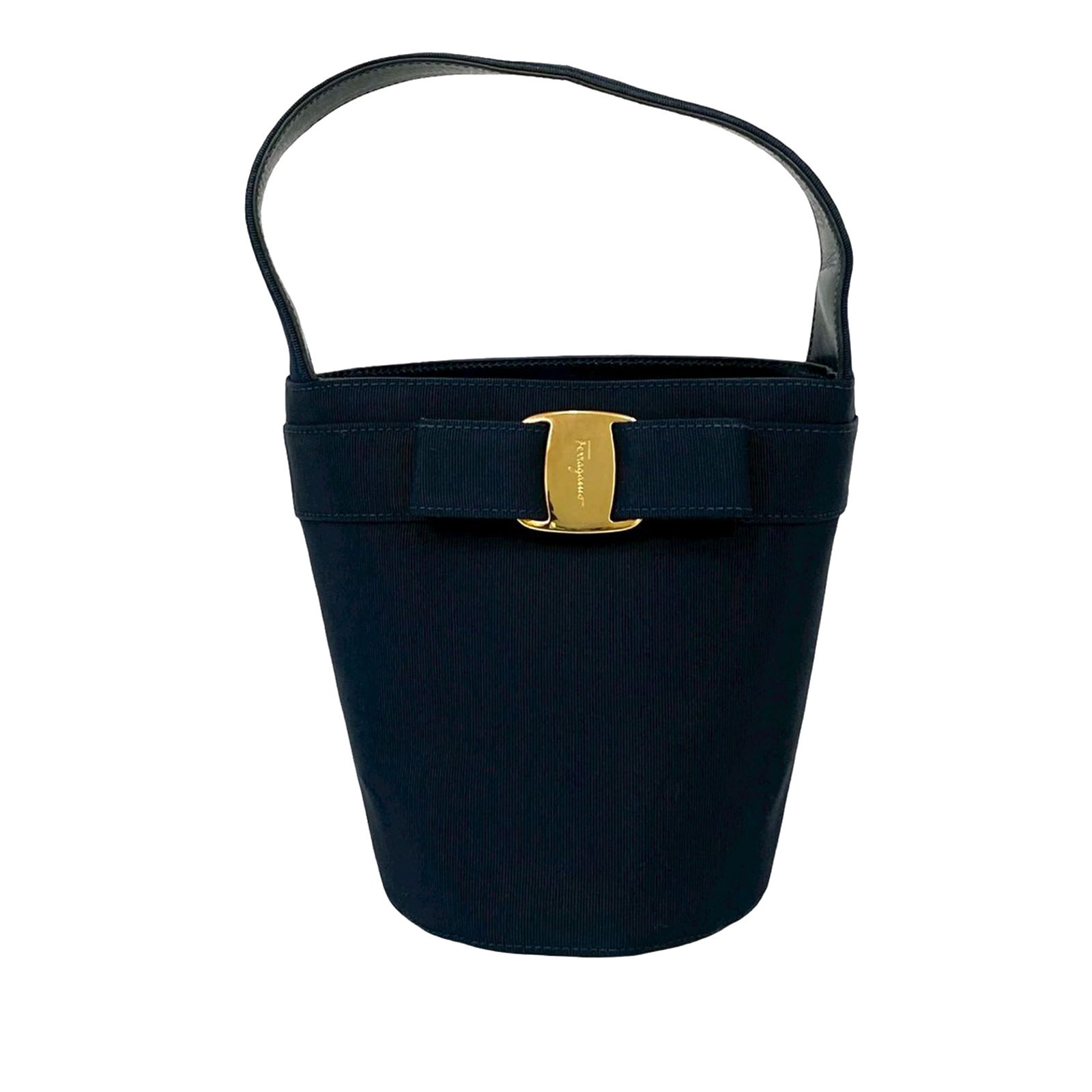 Blue Canvas Vara Bow Bucket Shoulder Bag by Ferragamo: Blue Canvas Vara Bow Bucket Shoulder Bag by Ferragamo This Ferragamo Canvas Vara Bow Bucket Bag features a canvas body with a classic Vara bow accent, a flat handle crafted from canvas and leather, an