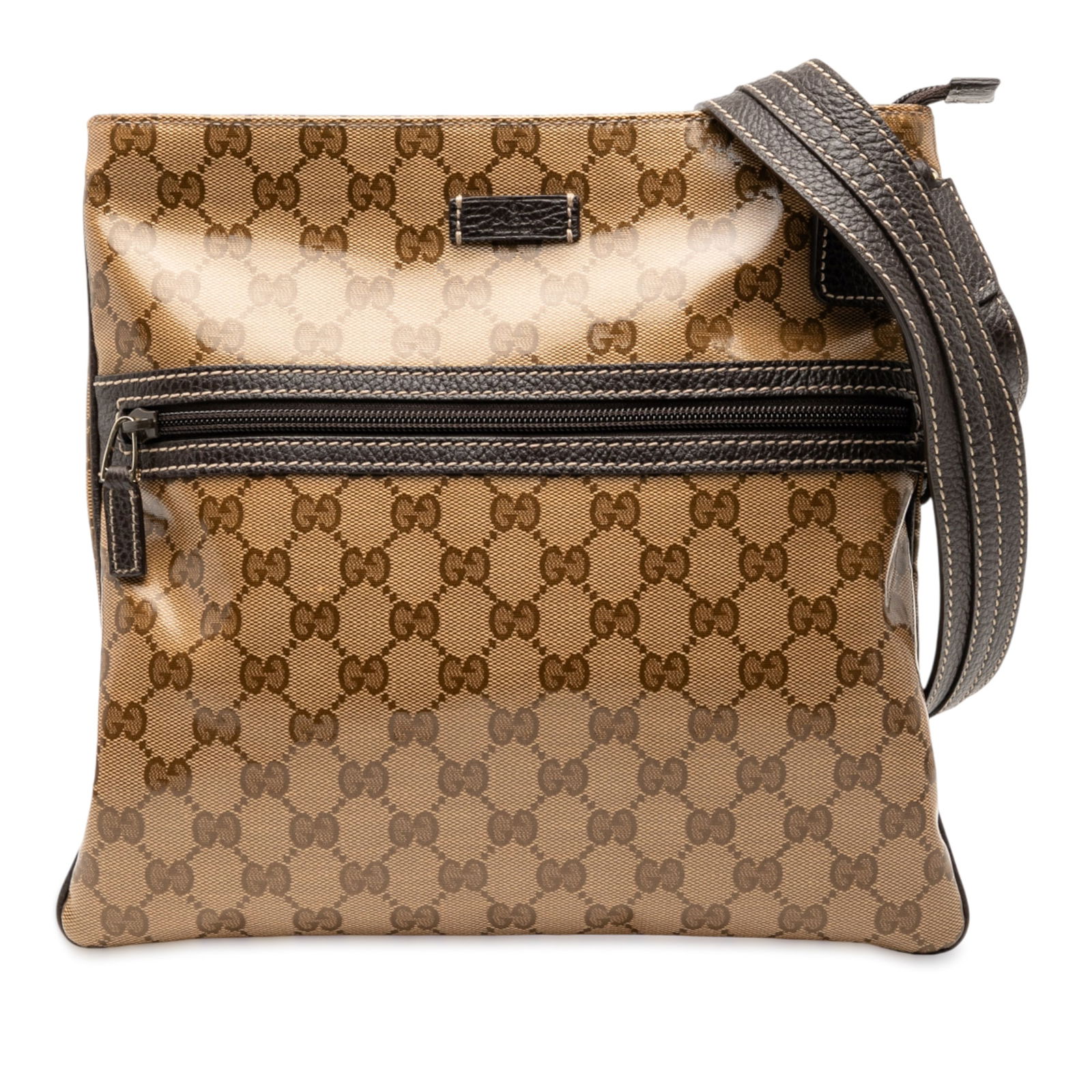 Gucci GG Crystal Crossbody Bag Coated Canvas Brown: Gucci GG Crystal Crossbody Bag Coated Canvas Brown Introducing the Gucci GG Crystal Crossbody, a stylish and functional accessory that showcases a chic design. Crafted from durable coated canvas, this