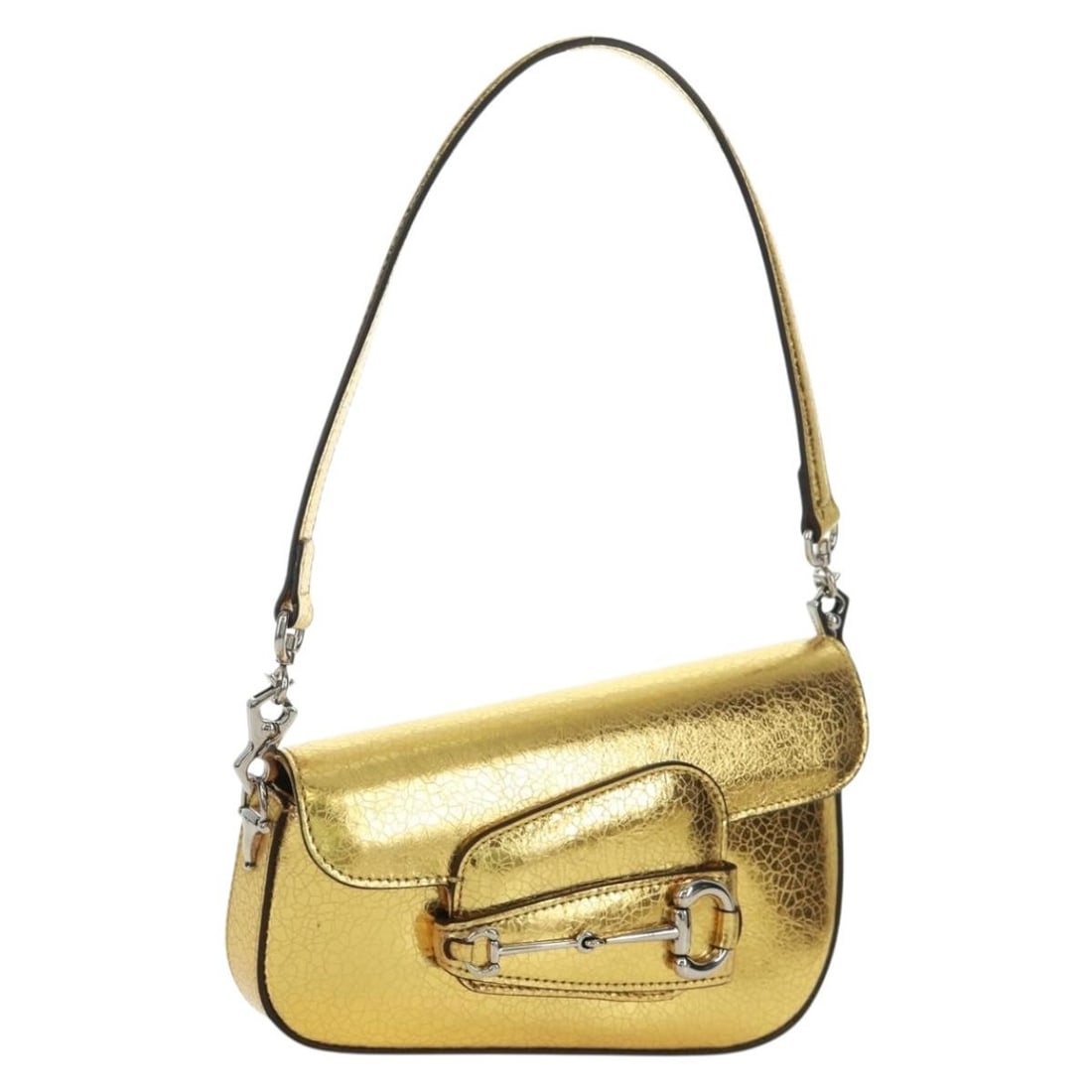 Gucci 774209 Leather Shoulder Bag with Horsebit Chain Gold Silver Italy: Gucci 774209 Leather Shoulder Bag with Horsebit Chain Gold Silver Italy This Gucci Horsebit Chain Shoulder Bag features a gold and silver leather exterior and is crafted in Italy. The bag is designed