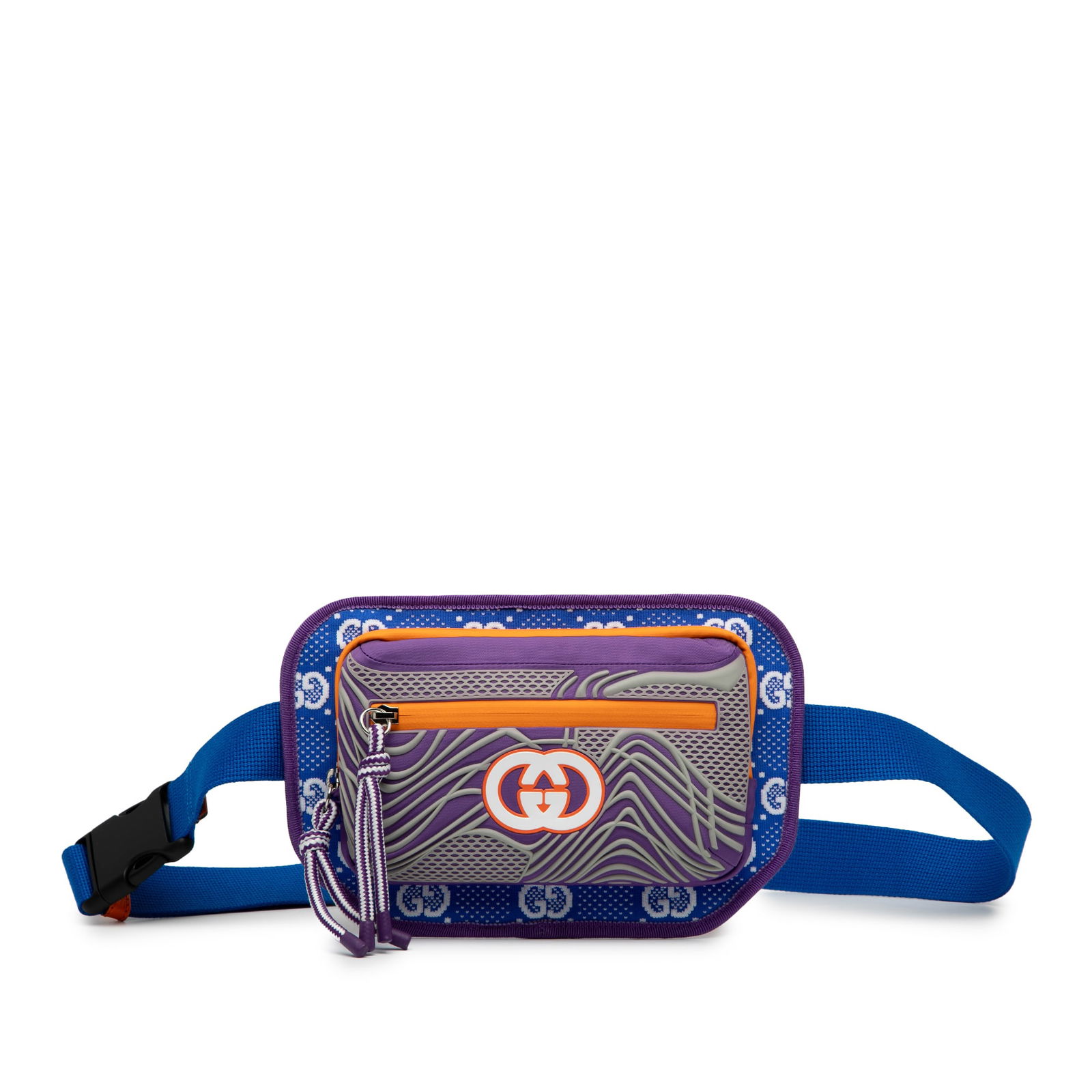 Gucci GG Nylon Belt Bag with Rubber Accents in Blue: Gucci GG Nylon Belt Bag with Rubber Accents in Blue This Gucci GG Nylon and Rubber Belt Bag combines functionality with a stylish design. Made from durable nylon, it features an adjustable waist strap