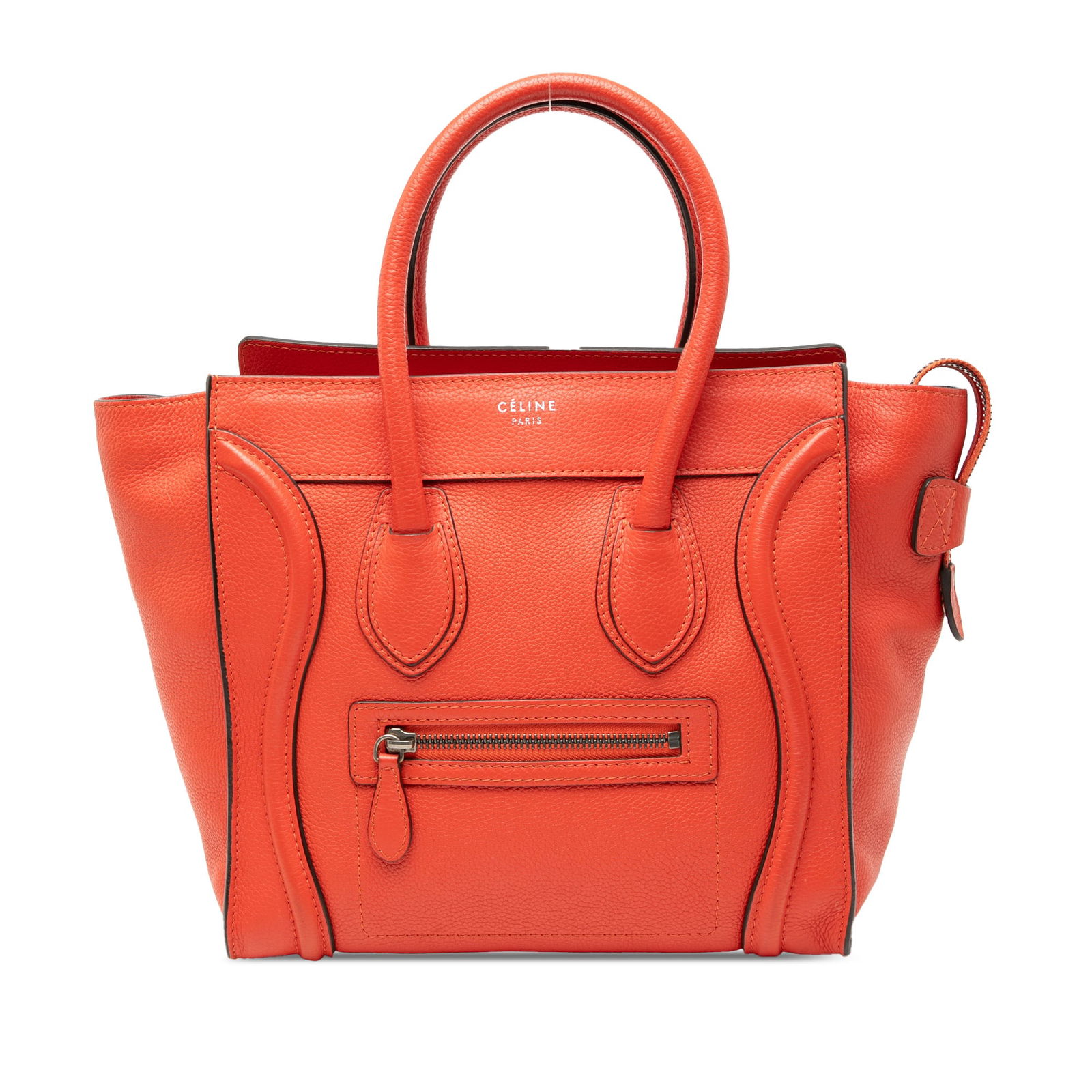 Orange Celine Micro Luggage Tote Leather Handbag with Top Zip and Front Pocket: Orange Celine Micro Luggage Tote Leather Handbag with Top Zip and Front Pocket This Celine Micro Leather Luggage Tote showcases an orange leather body with rolled leather handles, a top zip closure, a