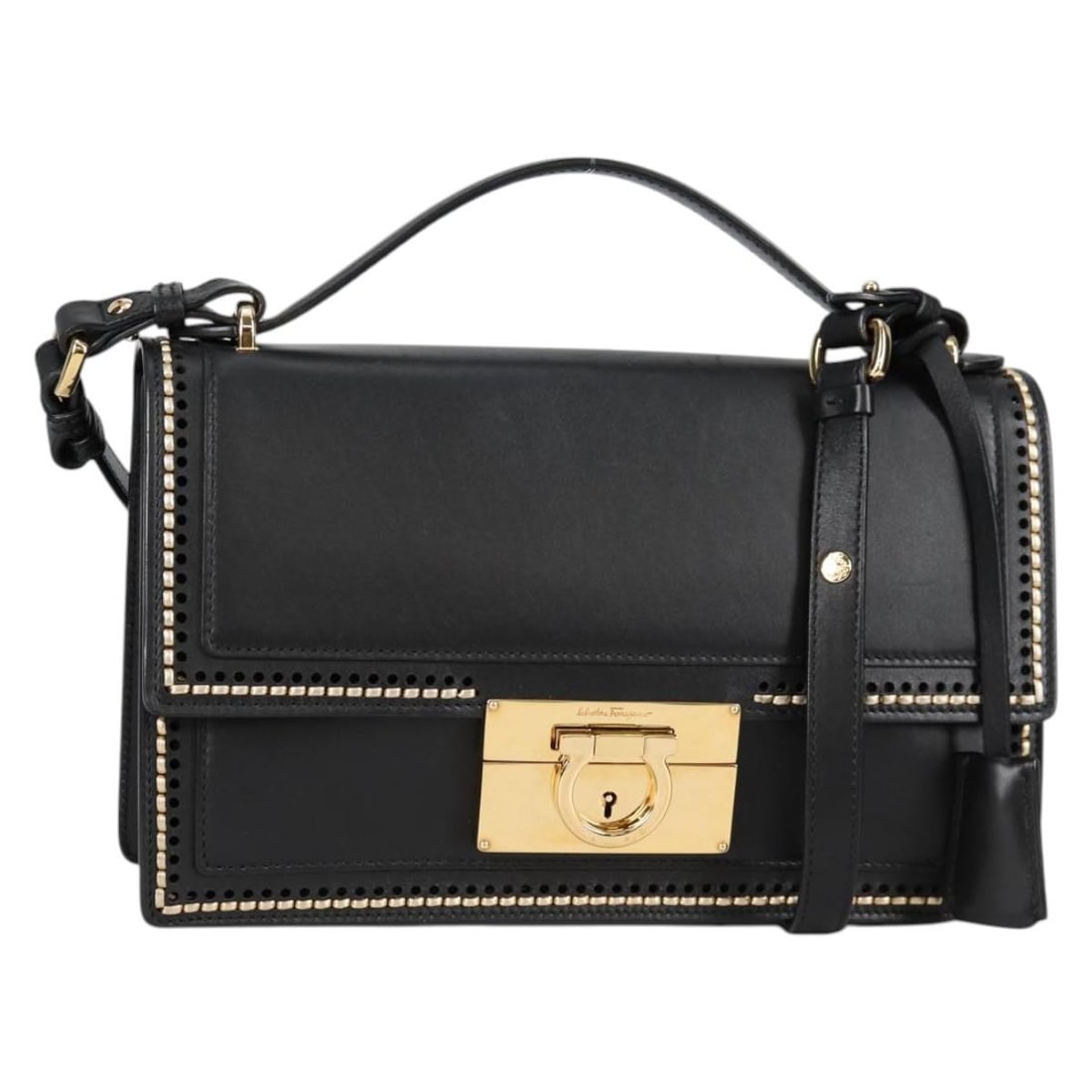 Salvatore Ferragamo Gancini 2-Way Leather Hand Bag Black Gold Auth 132847V Italy (1 of 18)