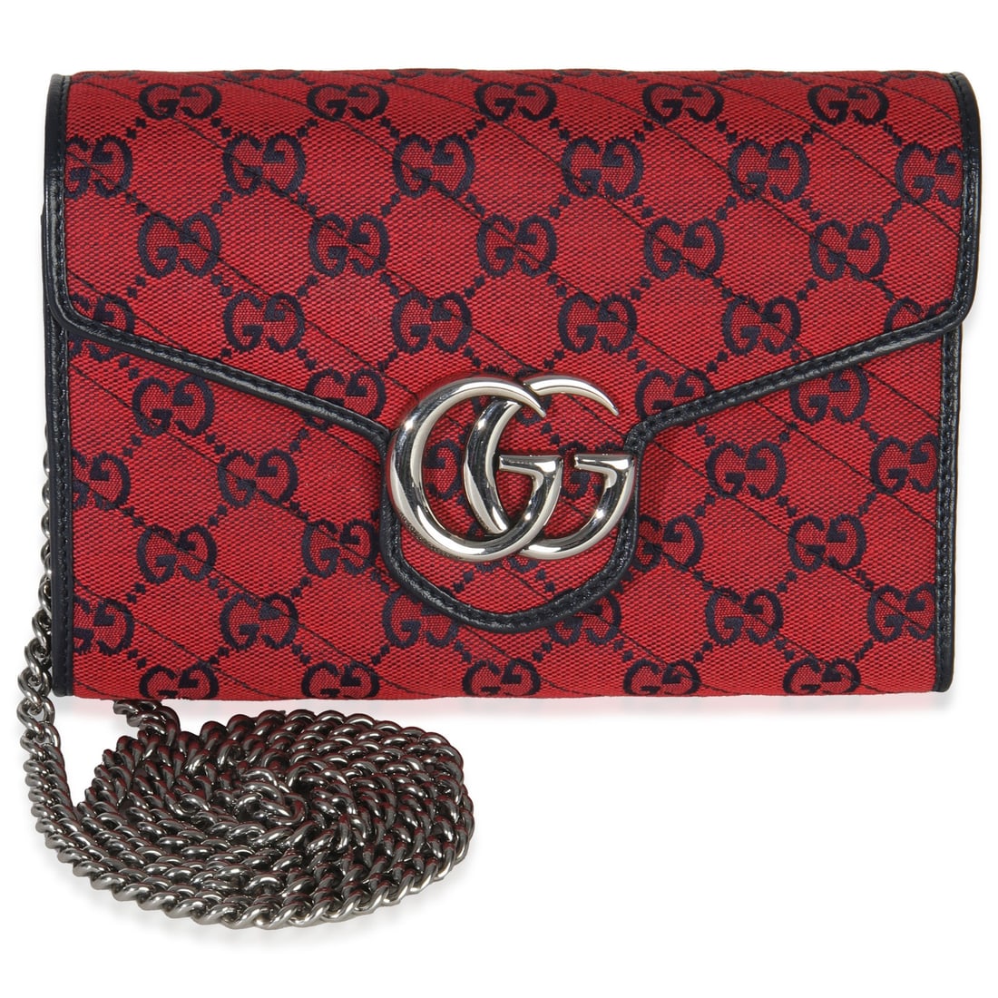 Gucci GG Marmont Canvas Chain Wallet Red and Blue with Removable Strap: Gucci GG Marmont Canvas Chain Wallet Red and Blue with Removable Strap This Gucci Marmont Chain Wallet features a striking red and blue matelasse diagonal canvas design. The wallet is equipped with a