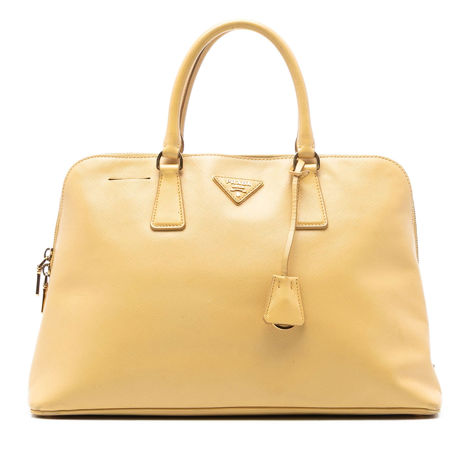 Yellow Saffiano Leather Promenade Satchel by Prada Large Size: Yellow Saffiano Leather Promenade Satchel by Prada Large Size This Prada Large Saffiano Lux Promenade Satchel features yellow saffiano lux leather, rolled leather handles, and a double zip-around clos