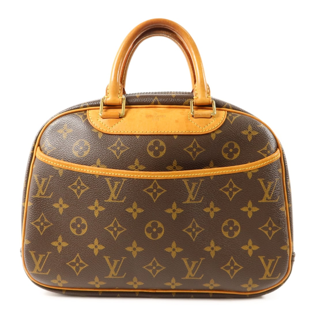 Louis Vuitton Trouville Brown Monogram Canvas Handbag with Gold Hardware: Louis Vuitton Trouville Brown Monogram Canvas Handbag with Gold Hardware This Louis Vuitton Trouville handbag features a classic monogram design in brown PVC coated canvas. It is designed with gold to