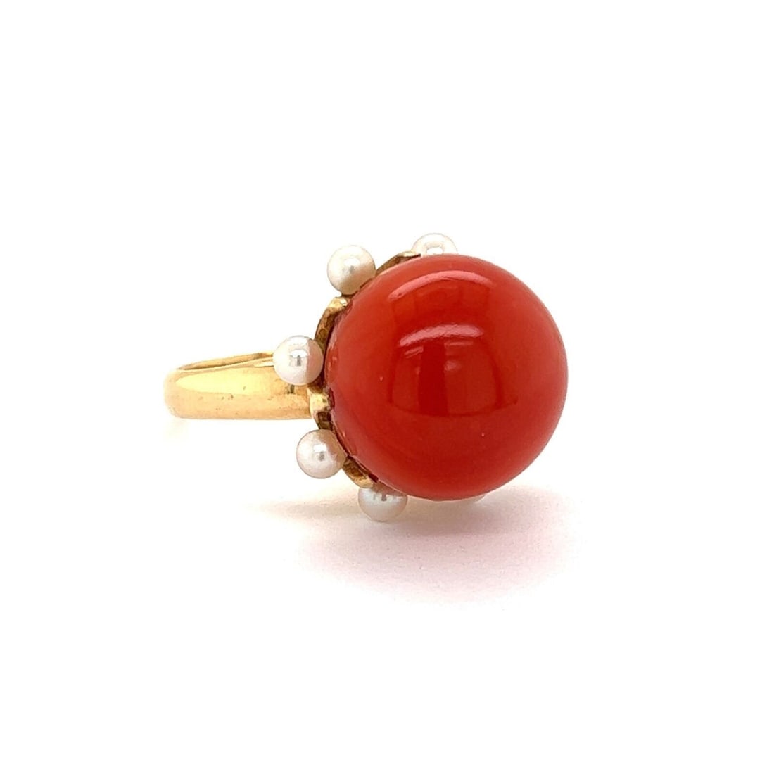 Vintage 14k Yellow Gold Coral and Seed Pearl Cocktail Ring Size 5: Vintage 14k Yellow Gold Coral and Seed Pearl Cocktail Ring Size 5 This vintage cocktail ring features coral and seed pearls set in 14k yellow gold. Designed in a size 5, it showcases a distinctive and