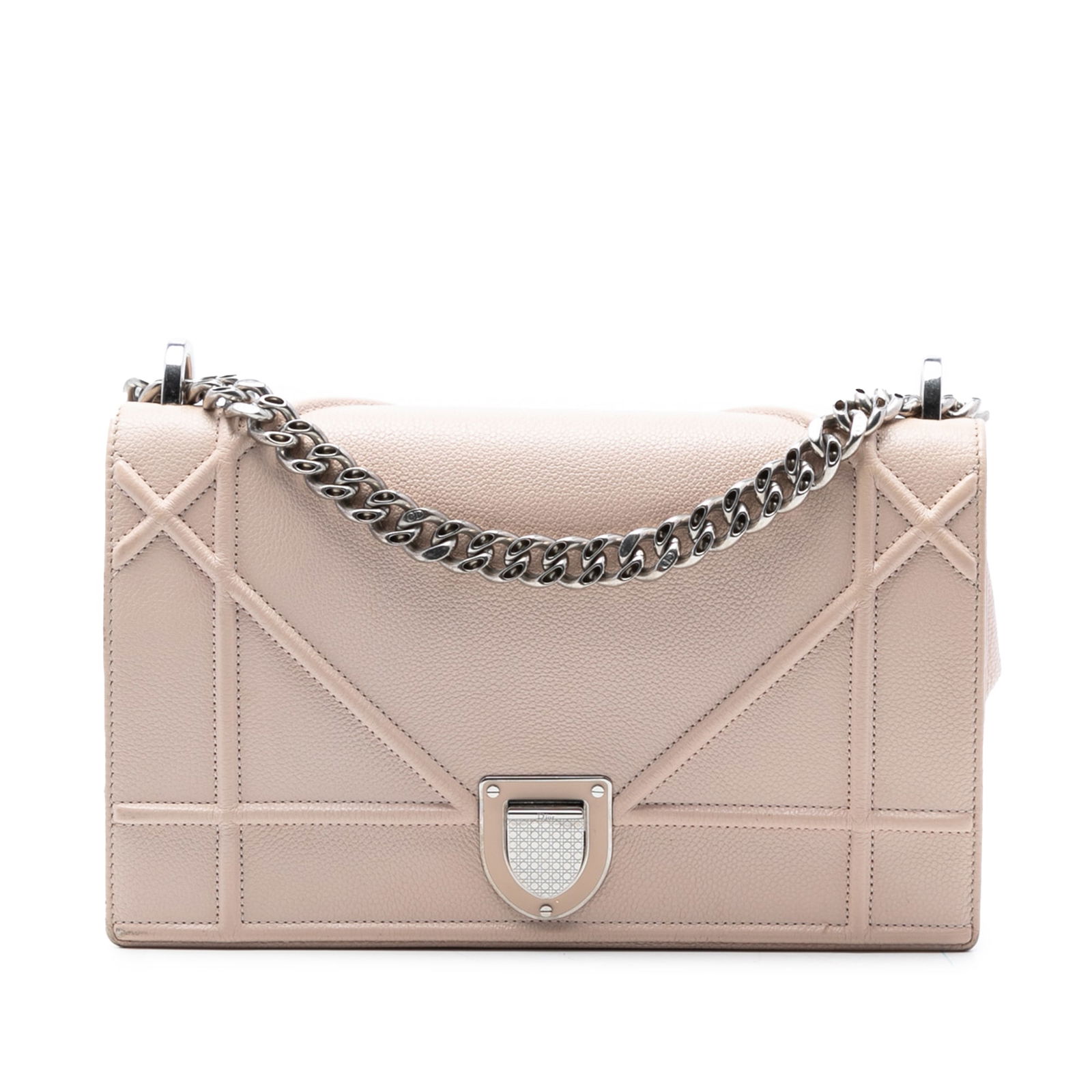 Dior Diorama Medium Pink Calfskin Shoulder Bag with Chain Strap: Dior Diorama Medium Pink Calfskin Shoulder Bag with Chain Strap This Dior Medium Grained Calfskin Diorama Flap bag features a pink leather body, a curb chain shoulder strap, a front flap with a push l