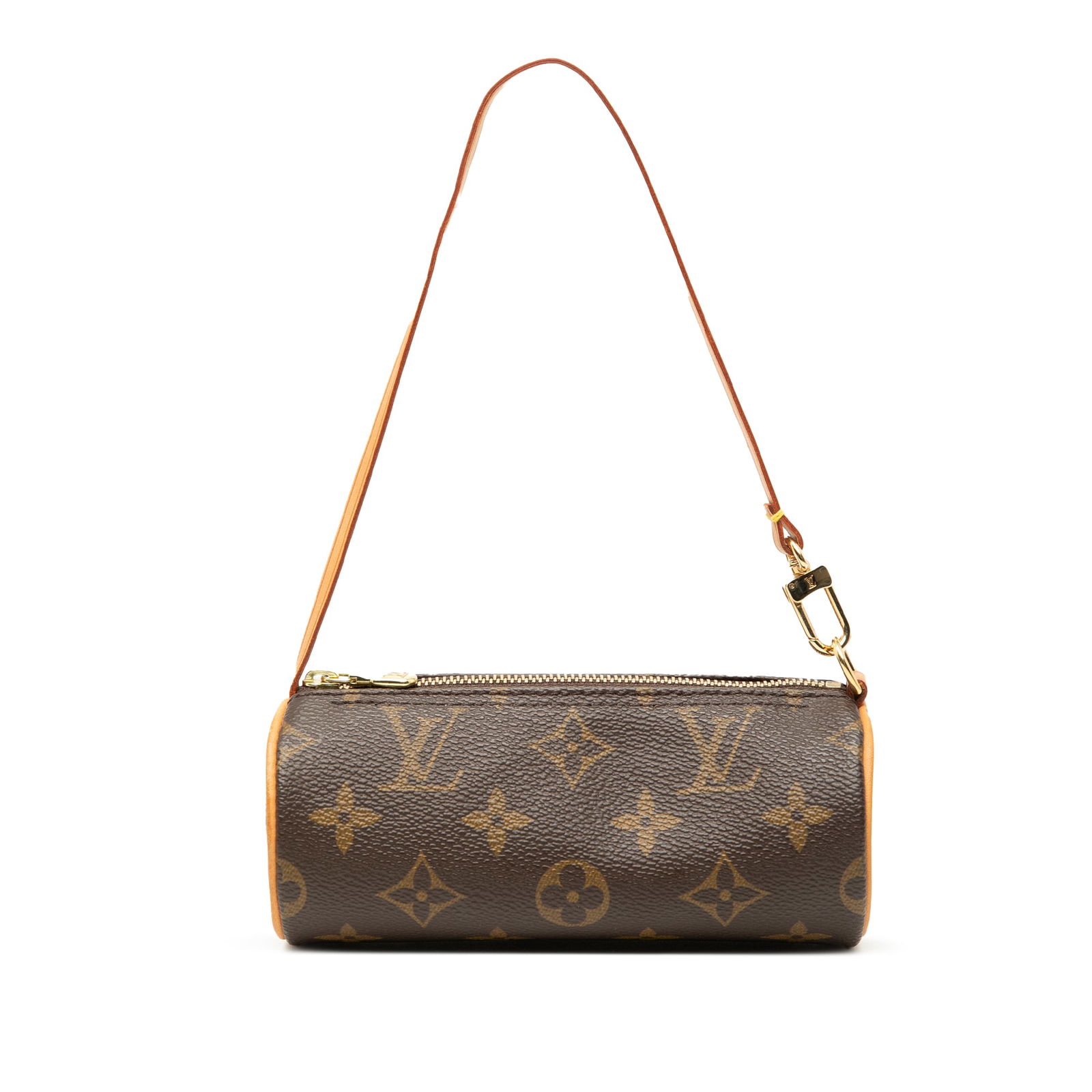 Louis Vuitton Papillon Pochette Brown Monogram Canvas Bag with Leather Strap: Louis Vuitton Papillon Pochette Brown Monogram Canvas Bag with Leather Strap This Louis Vuitton Monogram Papillon Pochette features the iconic monogram canvas body and a flat vachetta leather strap. I