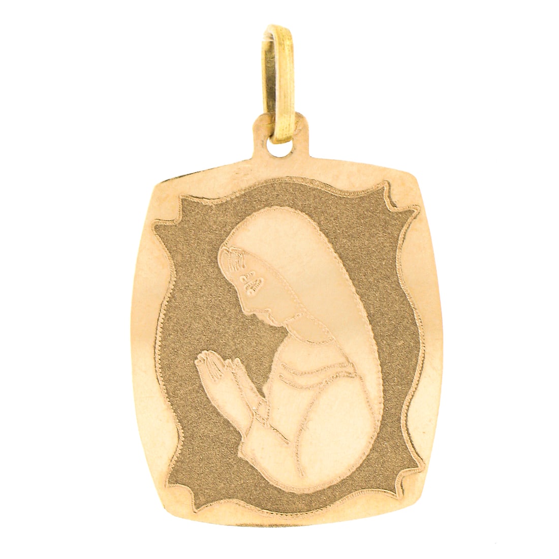 Vintage 18K Gold Mother Mary Praying Medallion Charm Pendant: Vintage 18K Gold Mother Mary Praying Medallion Charm Pendant This exquisite vintage pendant features a stunning cushion-shaped medallion with an etched depiction of Mother Mary in prayer, crafted from