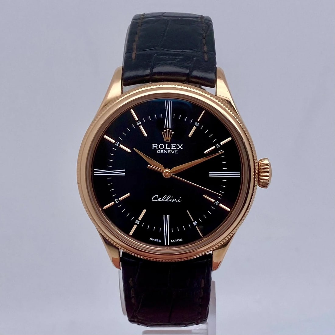 Rolex Cellini 50505 18K Rose Gold Black Dial Automatic Leather Strap 39mm Watch (1 of 5)