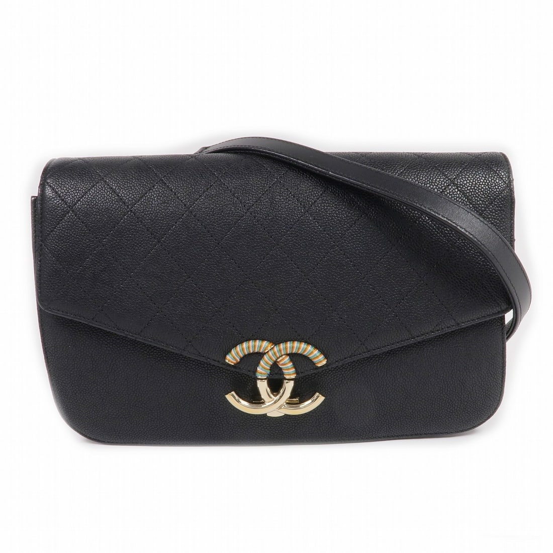 Black Calfskin Leather Shoulder Bag by CHANEL with Gold Tone Chain and CC Logo: Black Calfskin Leather Shoulder Bag by CHANEL with Gold Tone Chain and CC Logo This CHANEL CC shoulder bag is crafted from black calfskin leather and features a classic chain design. Made in France, i