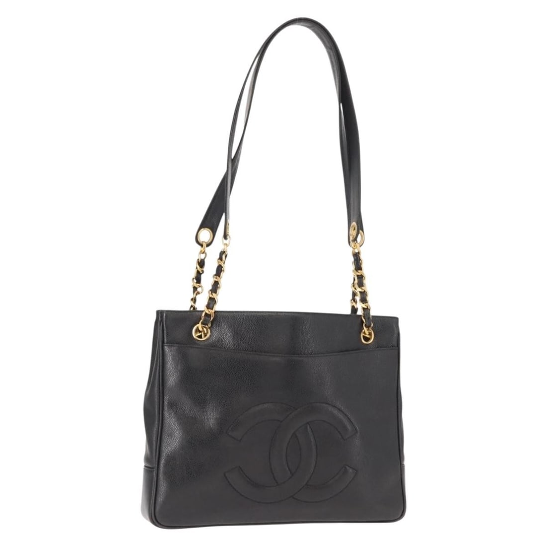 Vintage Chanel Caviar Leather Tote Bag with CC Chain in Black: Vintage Chanel Caviar Leather Tote Bag with CC Chain in Black This vintage Chanel CC Chain Tote is crafted from black caviar leather and designed for women. It features metal fittings and a chain hand