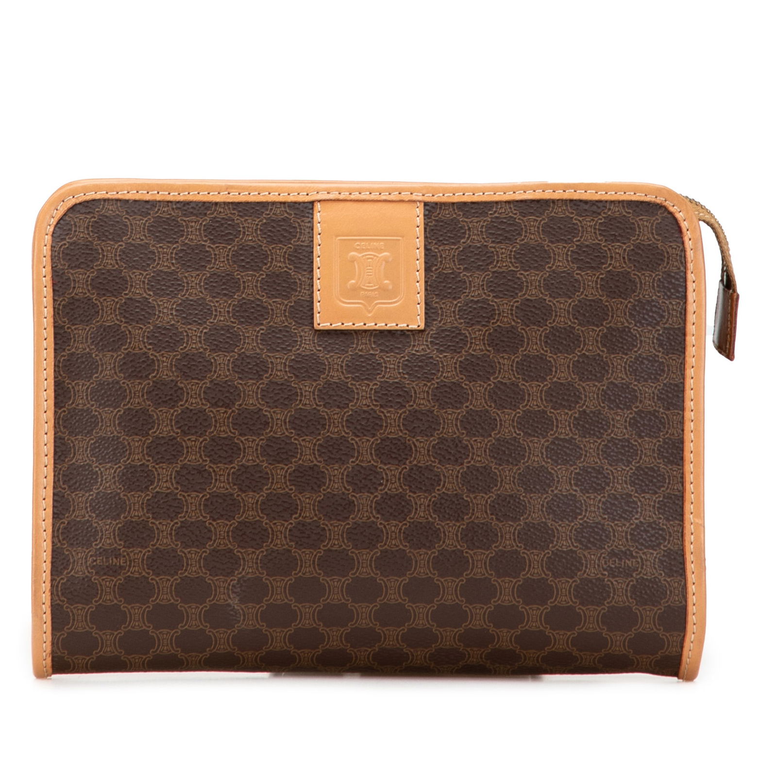 Celine Macadam Coated Canvas Clutch Brown Italy: Celine Macadam Coated Canvas Clutch Brown Italy This Celine Macadam Coated Canvas Clutch showcases a sophisticated design with a durable coated canvas body complemented by leather trim. The clutch fea