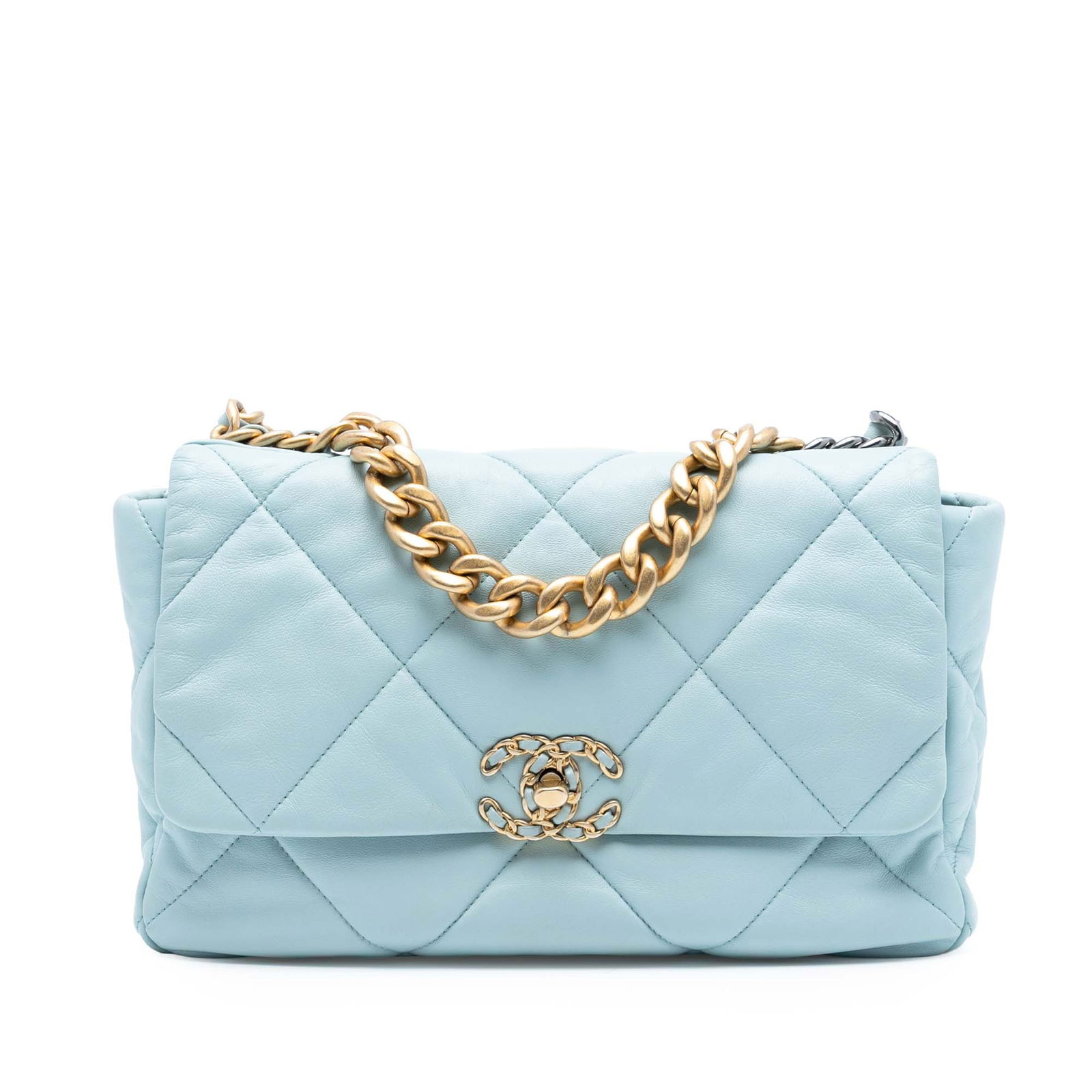 Quilted Blue Lambskin Chanel 19 Large Flap Shoulder Bag with Chain Strap: Quilted Blue Lambskin Chanel 19 Large Flap Shoulder Bag with Chain Strap This Chanel Large 19 Flap bag features a quilted lambskin leather exterior in blue, complemented by a chain link handle and a l