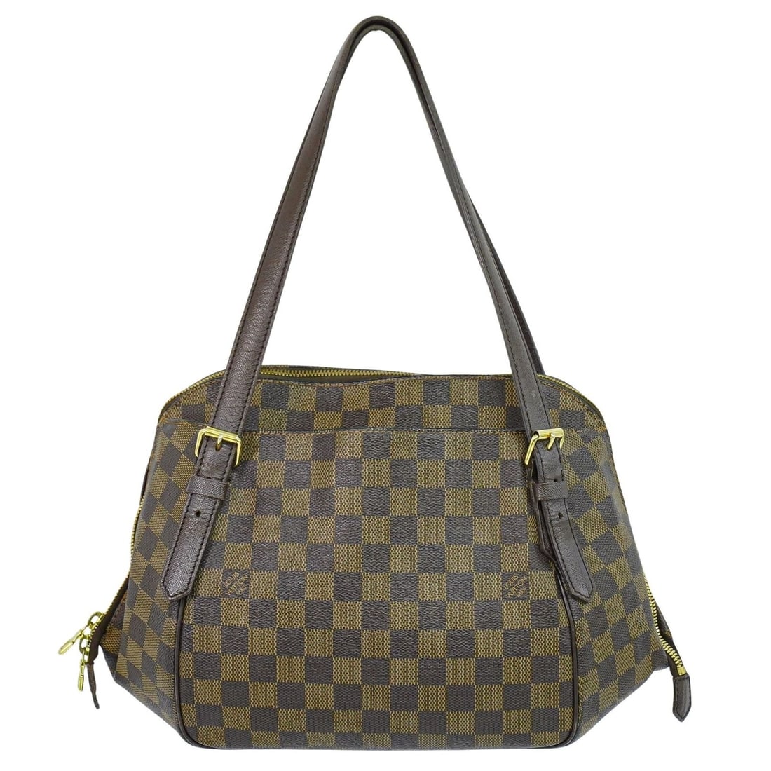Louis Vuitton Belem Brown Canvas Handbag 26cm by 24cm by 13cm: Louis Vuitton Belem Brown Canvas Handbag 26cm by 24cm by 13cm This Louis Vuitton Belem Handbag features the iconic Damier canvas in brown, designed for women. It shows signs of use including scuffing