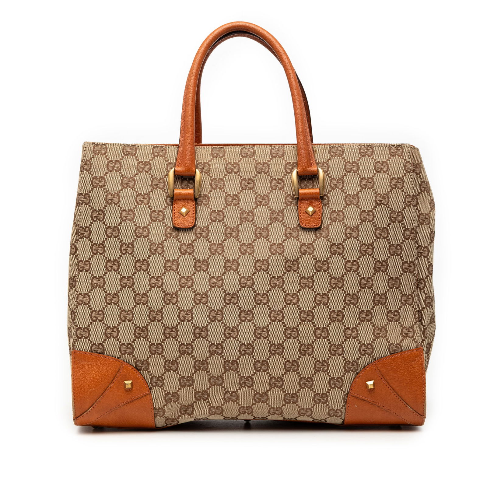 Gucci Brown GG Canvas Nailhead Tote with Leather Trim and Studs: Gucci Brown GG Canvas Nailhead Tote with Leather Trim and Studs This Gucci GG Canvas Nailhead Handbag features a durable canvas body with leather trim and decorative studs. It is designed with rolled