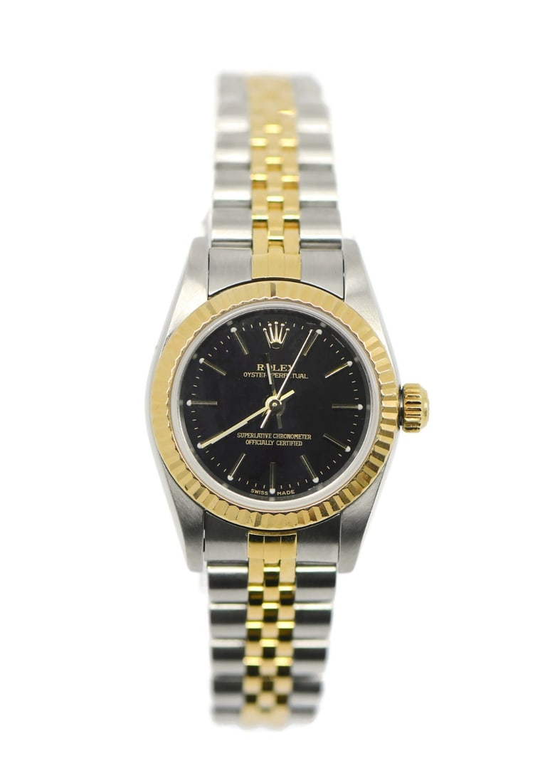 Rolex Oyster Perpetual 18K Stainless Steel Watch 76193 with Box and Papers: Rolex Oyster Perpetual 18K Stainless Steel Watch 76193 with Box and Papers Discover the timeless elegance of the Rolex Oyster Perpetual wristwatch, a stunning blend of 18K gold and stainless steel. Th