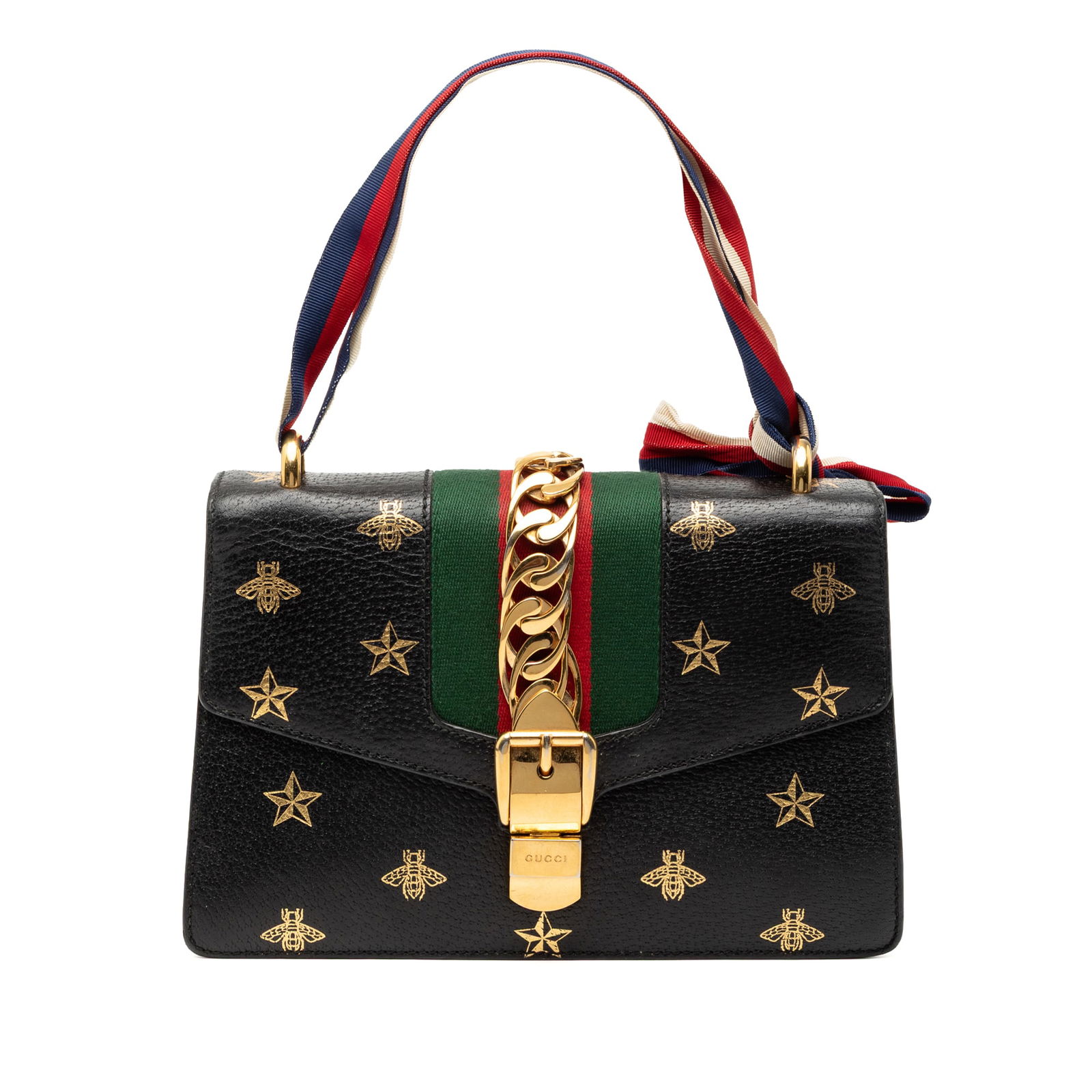 Gucci Sylvie Bee Star Black Leather Small Satchel with Canvas Strap: Gucci Sylvie Bee Star Black Leather Small Satchel with Canvas Strap This Gucci Small Leather Bee Star Sylvie Satchel features a black printed leather body adorned with bee and star motifs, a detachabl