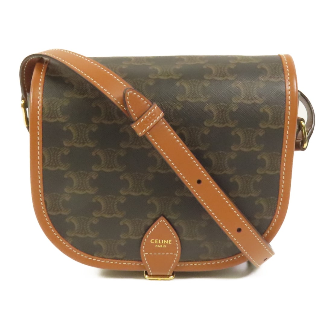 Celine Folco Brown PVC Coated Canvas Shoulder Bag with Gold Hardware: Celine Folco Brown PVC Coated Canvas Shoulder Bag with Gold Hardware This CELINE Folco shoulder bag features a brown PVC coated canvas exterior and gold-tone hardware. Designed with a compact silhouet