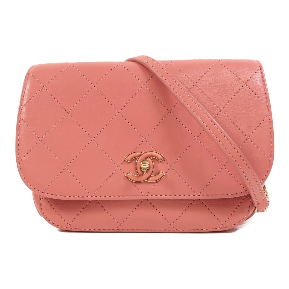 Chanel Pink Calfskin Leather Shoulder Bag with CC Logo and Gold Chain: Chanel Pink Calfskin Leather Shoulder Bag with CC Logo and Gold Chain This Chanel shoulder bag features pink calfskin leather and a classic CC design. It is equipped with a chain strap and gold tone h