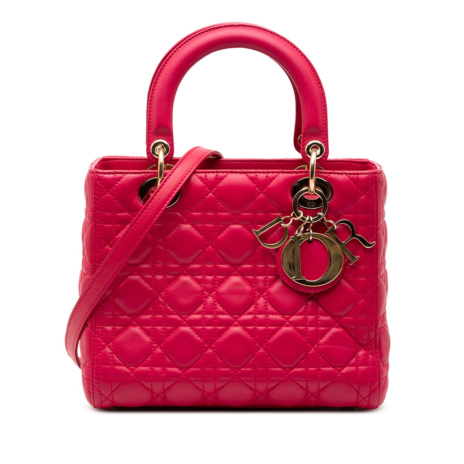 Dior Lady Dior Medium Pink Quilted Lambskin Bag with Detachable Strap: Dior Lady Dior Medium Pink Quilted Lambskin Bag with Detachable Strap This Medium Lambskin Cannage Lady Dior bag features a quilted lambskin leather exterior in pink, flat leather top handles, and a d