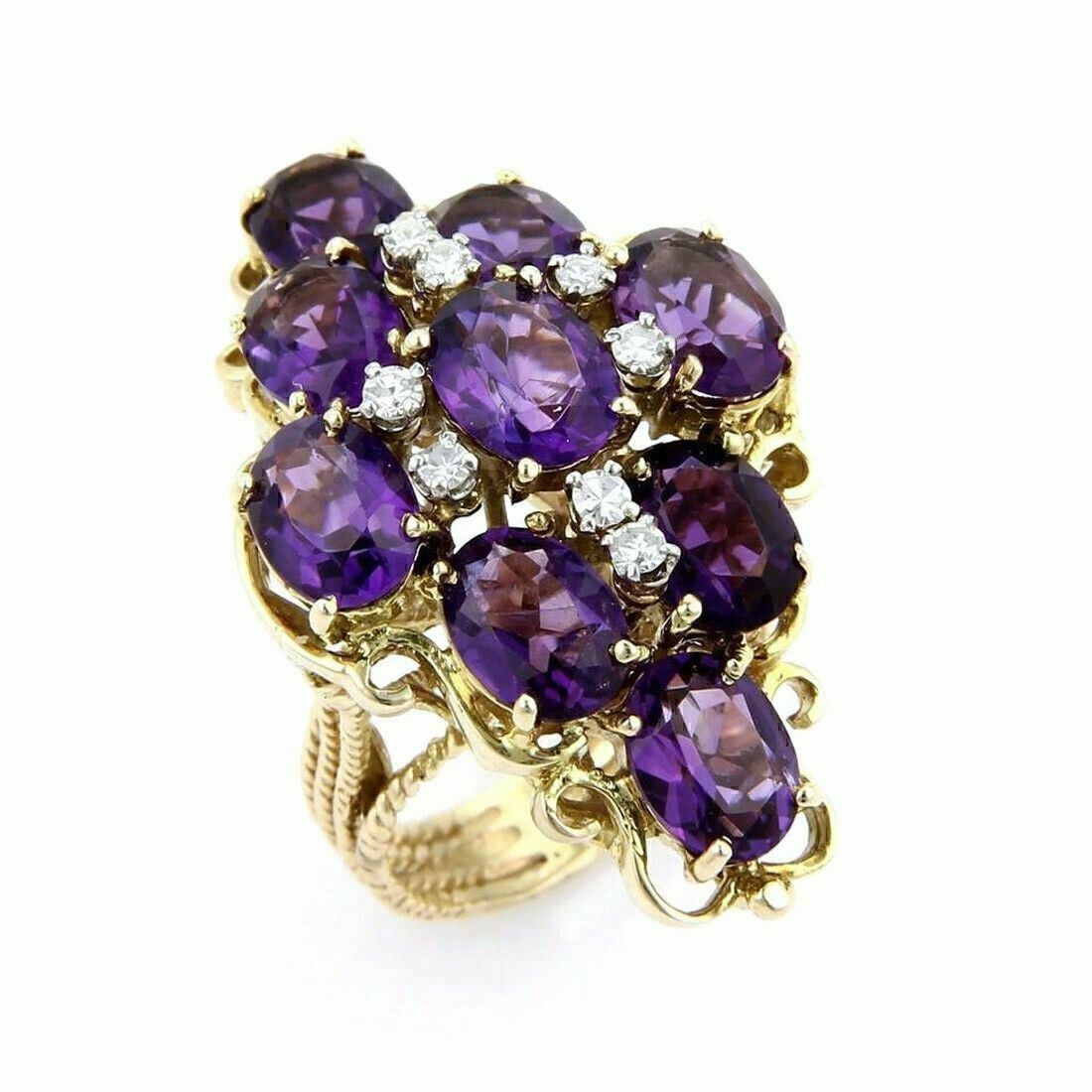 14k Yellow Gold Amethyst and Diamond Oversized Floral Cluster Ring Size 6 (1 of 10)