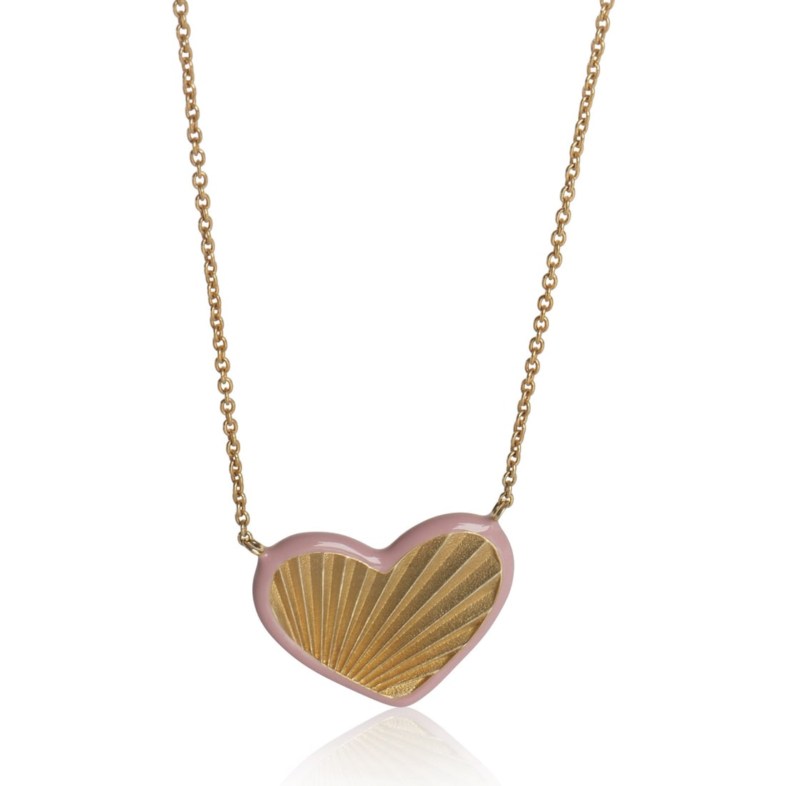 14K Yellow Gold Sunburst Heart Pendant with Pink Enamel: 14K Yellow Gold Sunburst Heart Pendant with Pink Enamel This stunning Yellow Gold Sunburst Heart Pendant features a charming sunburst design complemented by a delicate pink enamel finish. Crafted from