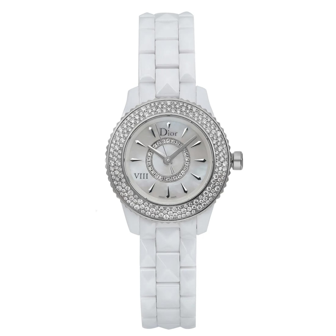 Dior Christian Dior VIII Ceramic Quartz Ladies Watch MOP Dial Diamond Bezel: Dior Christian Dior VIII Ceramic Quartz Ladies Watch MOP Dial Diamond Bezel Elevate your style with the Christian Dior VIII Hi Tech Ceramic watch, a luxurious timepiece designed for women. This elegan