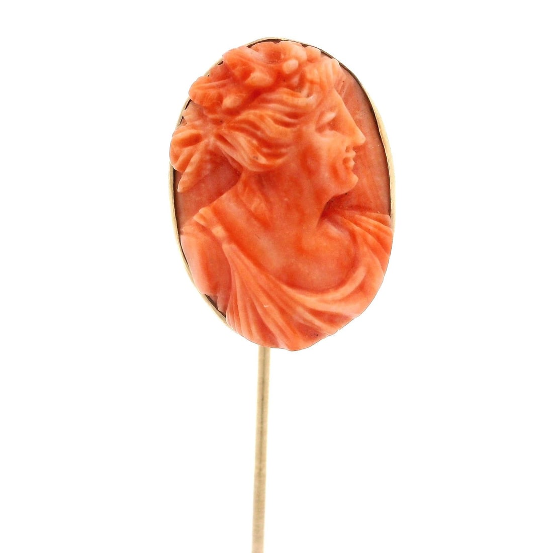 Antique 14k Yellow Gold Coral Cameo Lady Stick Pin Brooch: Antique 14k Yellow Gold Coral Cameo Lady Stick Pin Brooch This exquisite Antique 14k Yellow Gold Lady Detailed Carved Cameo Coral Stick Pin features a beautifully carved oval cameo depicting a lady in