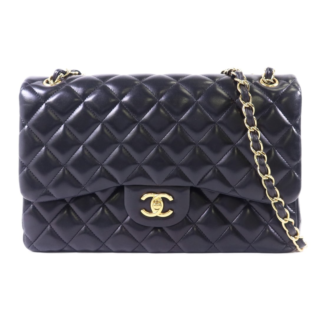 Large Black Lambskin CHANEL Classic Shoulder Bag with Gold Tone Chain: Large Black Lambskin CHANEL Classic Shoulder Bag with Gold Tone Chain This is a CHANEL large classic chain shoulder bag crafted from black lambskin leather. The bag features the iconic CC logo and gol