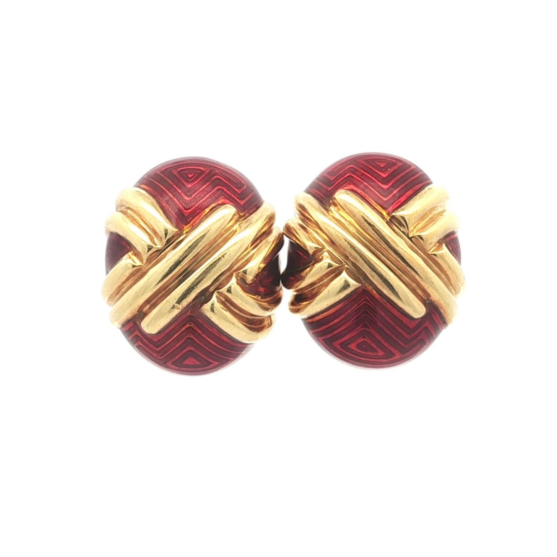 Vivid Red Enamel Chevron Egg Oval Earrings in 18k Yellow Gold: Vivid Red Enamel Chevron Egg Oval Earrings in 18k Yellow Gold These estate earrings feature a unique chevron pattern with vivid red enamel over 18k solid yellow gold. Designed in an oval button egg sh
