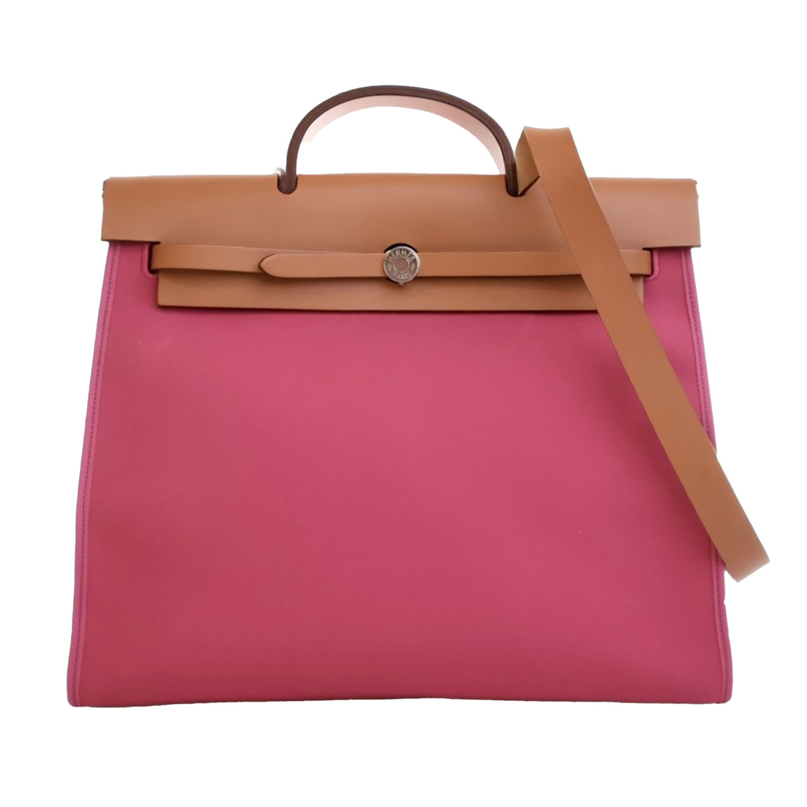 Hermes Toile Herbag Zip 39 Pink Canvas Shoulder Bag: Hermes Toile Herbag Zip 39 Pink Canvas Shoulder Bag Introducing the Hermes Toile Herbag Zip 39, a stylish and functional bag crafted from durable canvas. Designed with a flat leather top handle and an