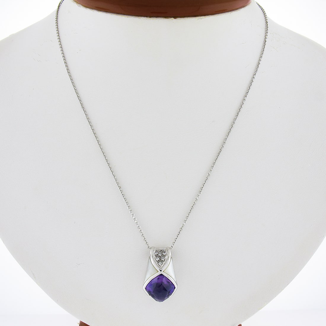 18K White Gold 3.77ctw Amethyst Diamond Pendant with Mother of Pearl 18" Chain: 18K White Gold 3.77ctw Amethyst Diamond Pendant with Mother of Pearl 18" Chain This exquisite pendant features a stunning combination of materials, including a natural cushion-cut amethyst with a deep