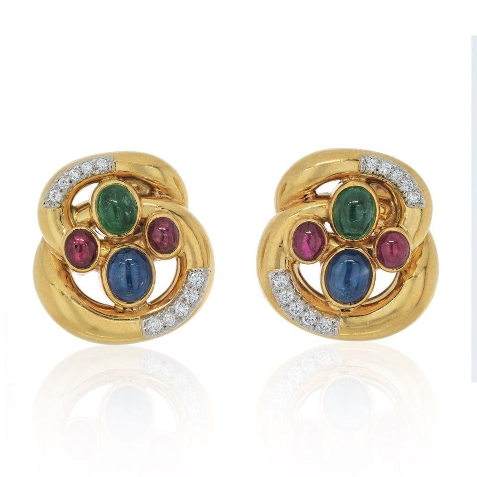David Webb Platinum 18K Yellow Gold Multi Color Gemstone Diamond Clip Earrings: David Webb Platinum 18K Yellow Gold Multi Color Gemstone Diamond Clip Earrings These stunning earrings, designed by David Webb, feature a captivating combination of platinum and 18K yellow gold, weigh