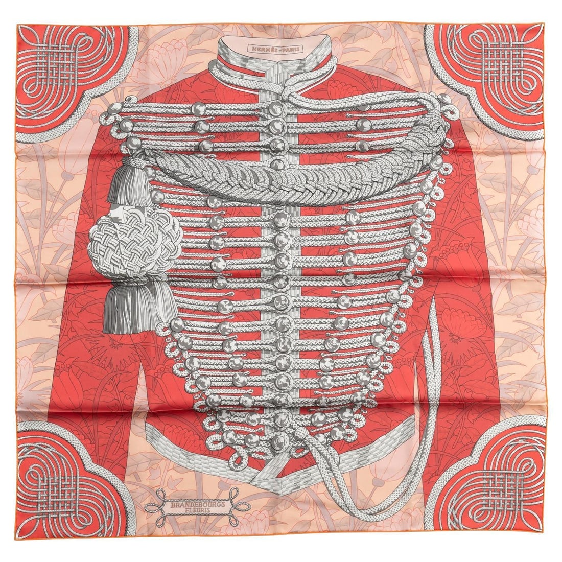 Hermes Brandebourg Double Face Silk Scarf 35in Made in France: Hermes Brandebourg Double Face Silk Scarf 35in Made in France Introducing the exquisite Hermes "Brandebourg" Double Face Scarf, a luxurious accessory crafted from 100% silk. Designed by Caty Latham an