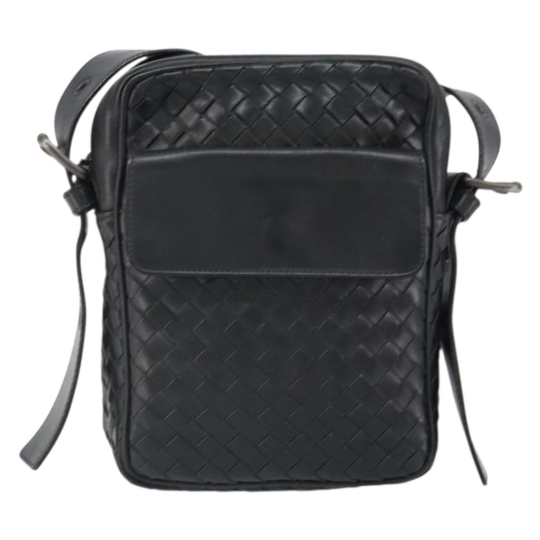 Bottega Veneta Leather Shoulder Bag Intrecciato Black 16x20x6cm: Bottega Veneta Leather Shoulder Bag Intrecciato Black 16x20x6cm Bottega Veneta Intrecciato unisex shoulder bag crafted from black leather. The bag shows signs of wear including surface deformation, ru