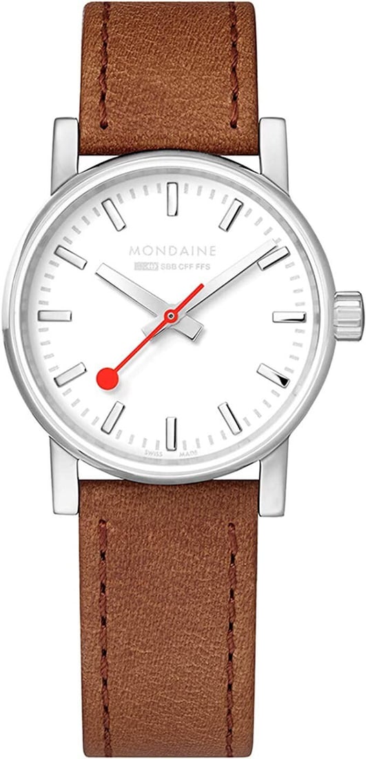 Mondaine Evo 2 30mm Quartz Ladies Watch Silver Dial Brown Leather: Mondaine Evo 2 30mm Quartz Ladies Watch Silver Dial Brown Leather Introducing the Mondaine Evo 2, a stylish 30mm ladies quartz wristwatch designed for casual wear. This timepiece features a sleek silv
