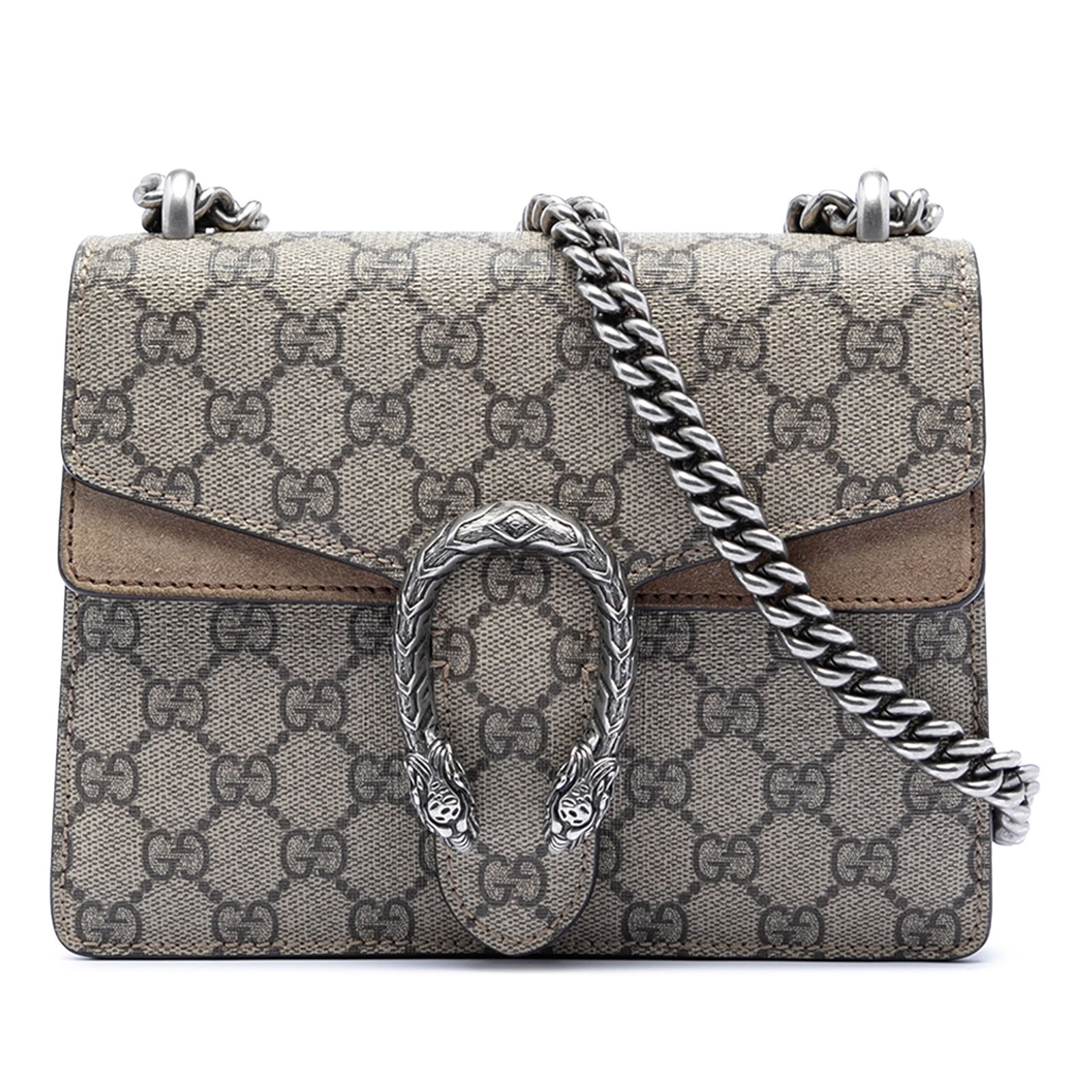 Gucci Dionysus Small GG Supreme Canvas Brown Crossbody Bag with Suede Trim: Gucci Dionysus Small GG Supreme Canvas Brown Crossbody Bag with Suede Trim This Gucci Small GG Supreme Dionysus Crossbody bag features a coated canvas body with suede leather trim. It is designed with