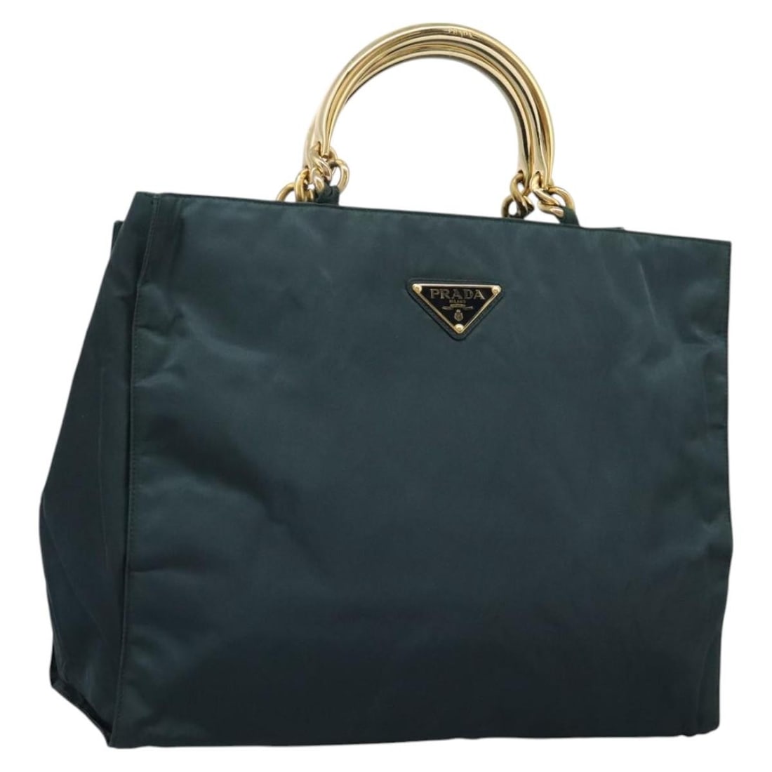 Prada Nylon Tote Bag with Metal Handles in Khaki 39cm by 32cm by 16cm: Prada Nylon Tote Bag with Metal Handles in Khaki 39cm by 32cm by 16cm This pre-owned Prada Metal Handles Tote is crafted from durable khaki nylon and features metal handles. Designed for women, the ba