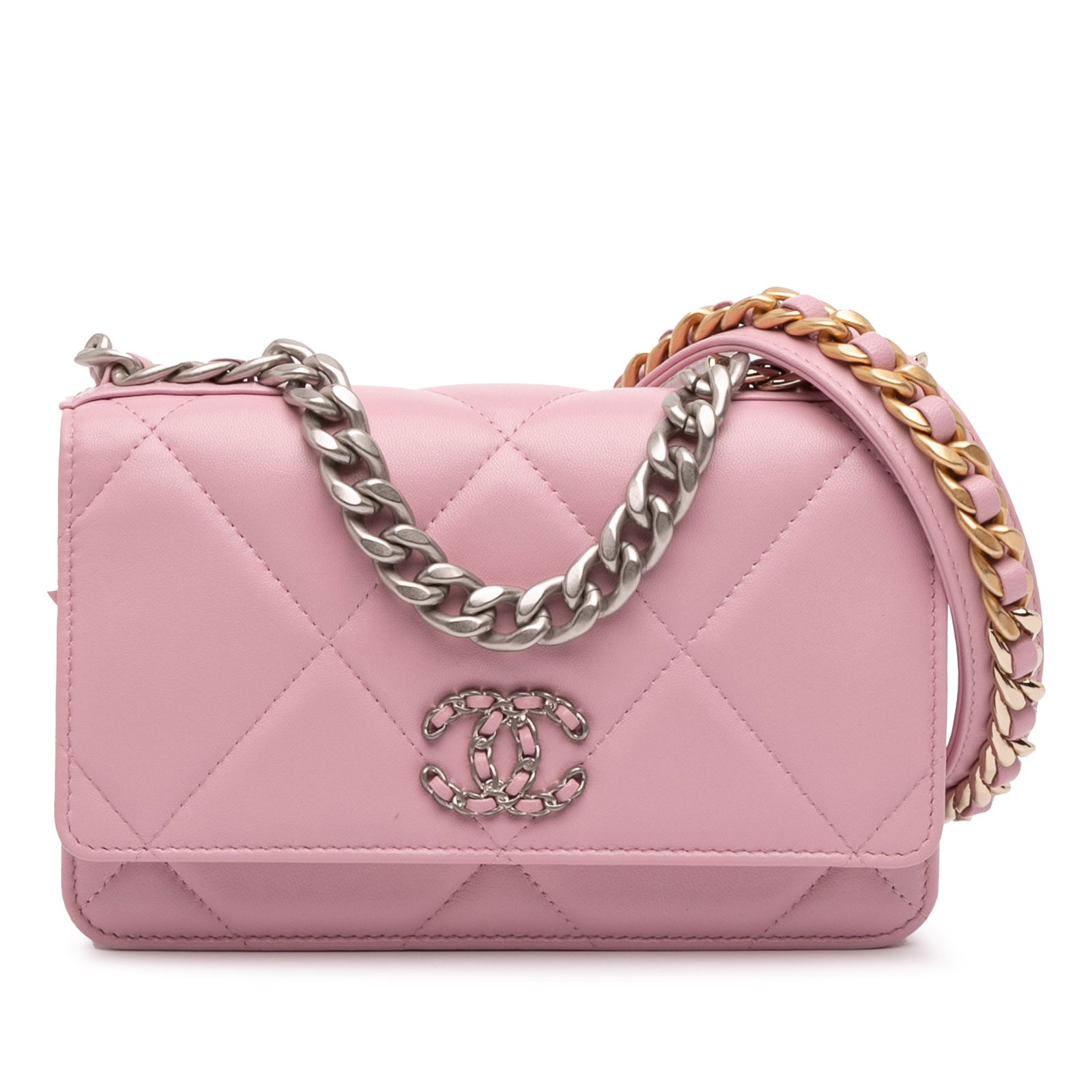 Chanel 19 Pink Quilted Lambskin Wallet on Chain Shoulder Bag: Chanel 19 Pink Quilted Lambskin Wallet on Chain Shoulder Bag This Chanel 19 Wallet on Chain features a quilted lambskin leather body in pink, complemented by a chain-link handle and a leather-woven ch