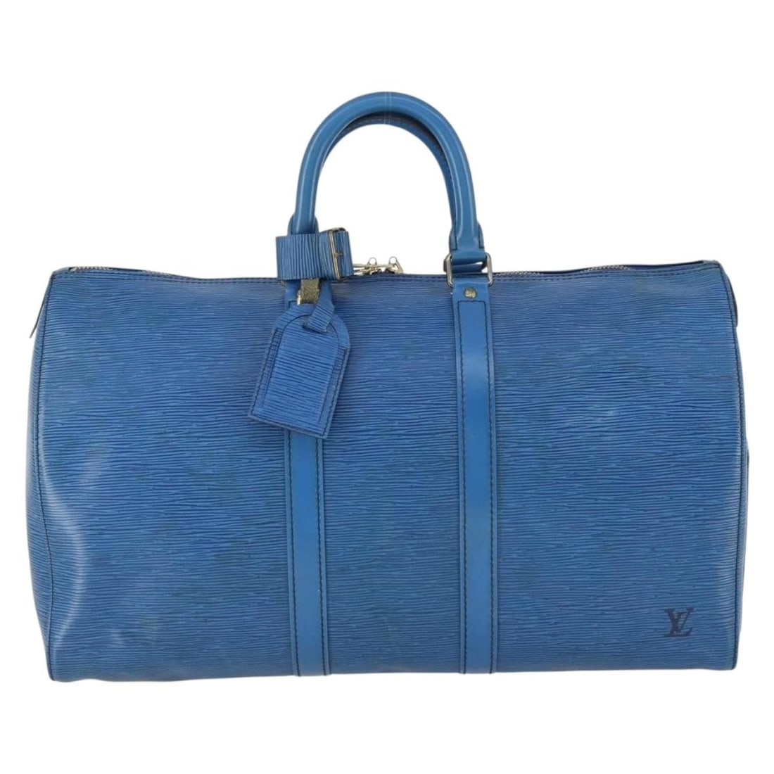 Blue Epi Leather Louis Vuitton Keepall Travel Bag 47cm: Blue Epi Leather Louis Vuitton Keepall Travel Bag 47cm Louis Vuitton Keepall bag crafted from blue Epi leather designed for unisex use. This spacious travel bag measures 47cm x 28cm x 21cm and feature