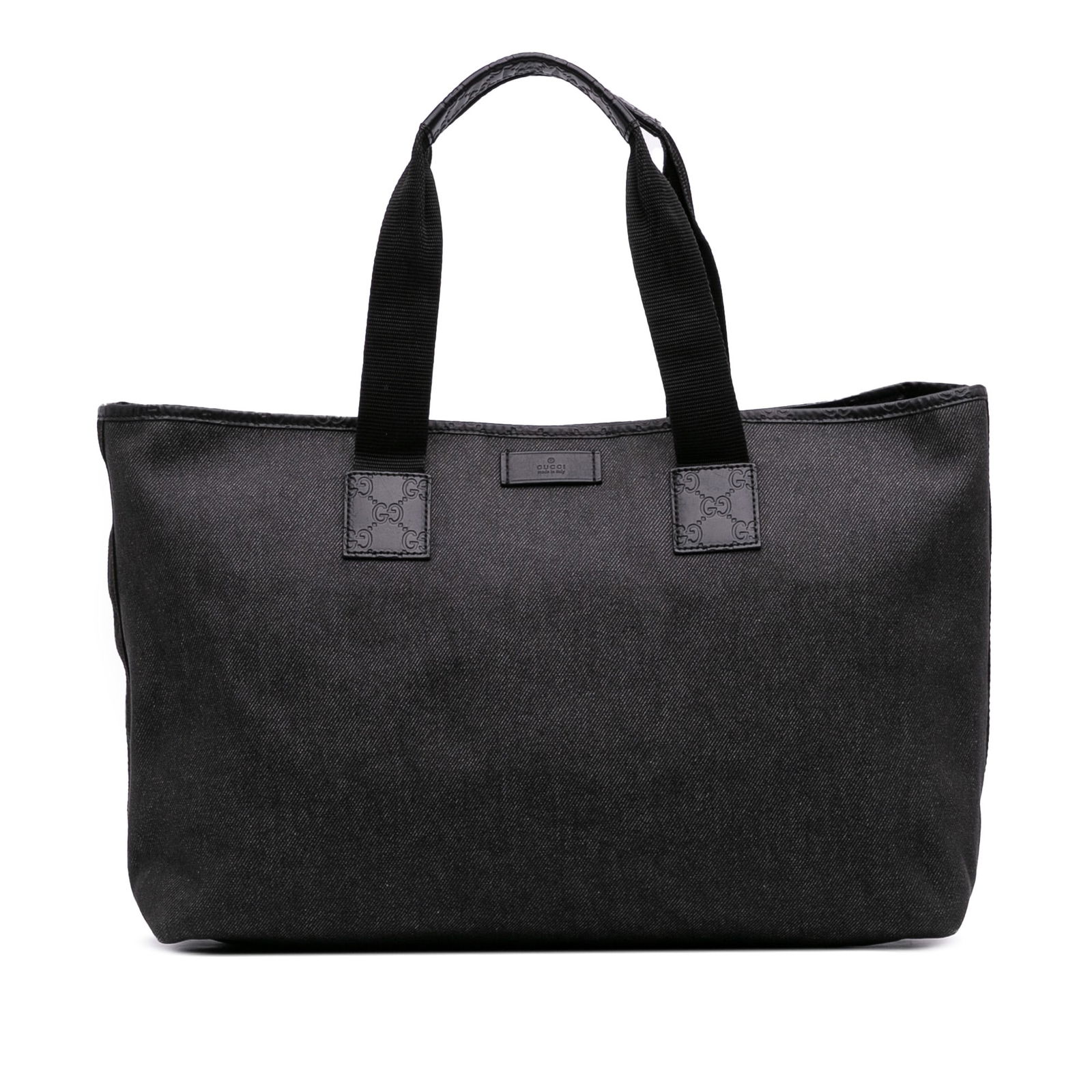 Gucci Guccissima Trimmed Denim Tote Bag Black Leather Trim: Gucci Guccissima Trimmed Denim Tote Bag Black Leather Trim The Guccissima Trimmed Denim Tote is a stylish and functional accessory featuring a durable denim body complemented by elegant leather trim.