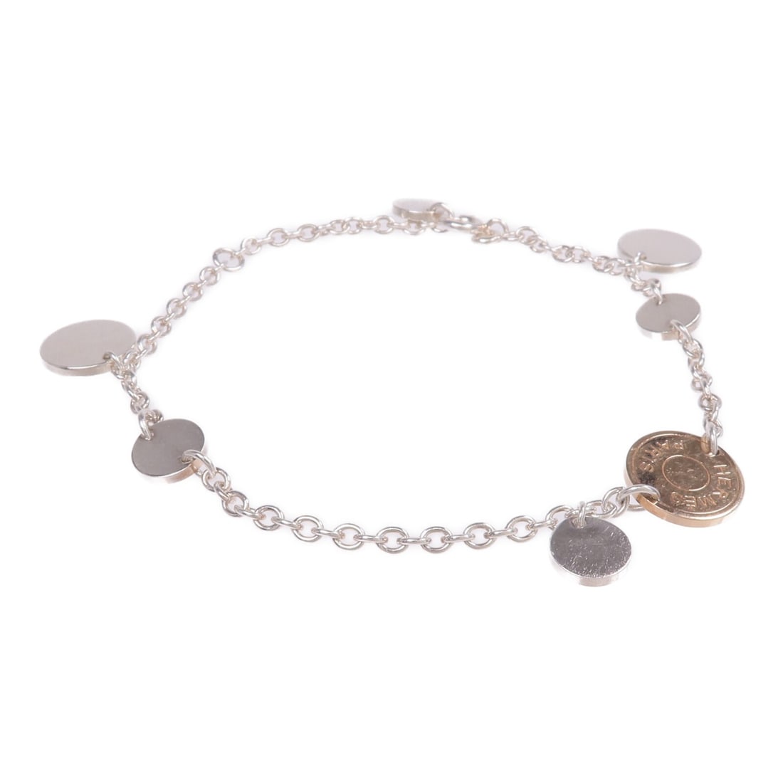 Ex-Libris Bracelet by Hermes in 18K Rose Gold and Sterling Silver: Ex-Libris Bracelet by Hermes in 18K Rose Gold and Sterling Silver This Hermes Ex-Libris bracelet is crafted from 18K pink gold and 925 sterling silver, showcasing an elegant gold tone. The bracelet is