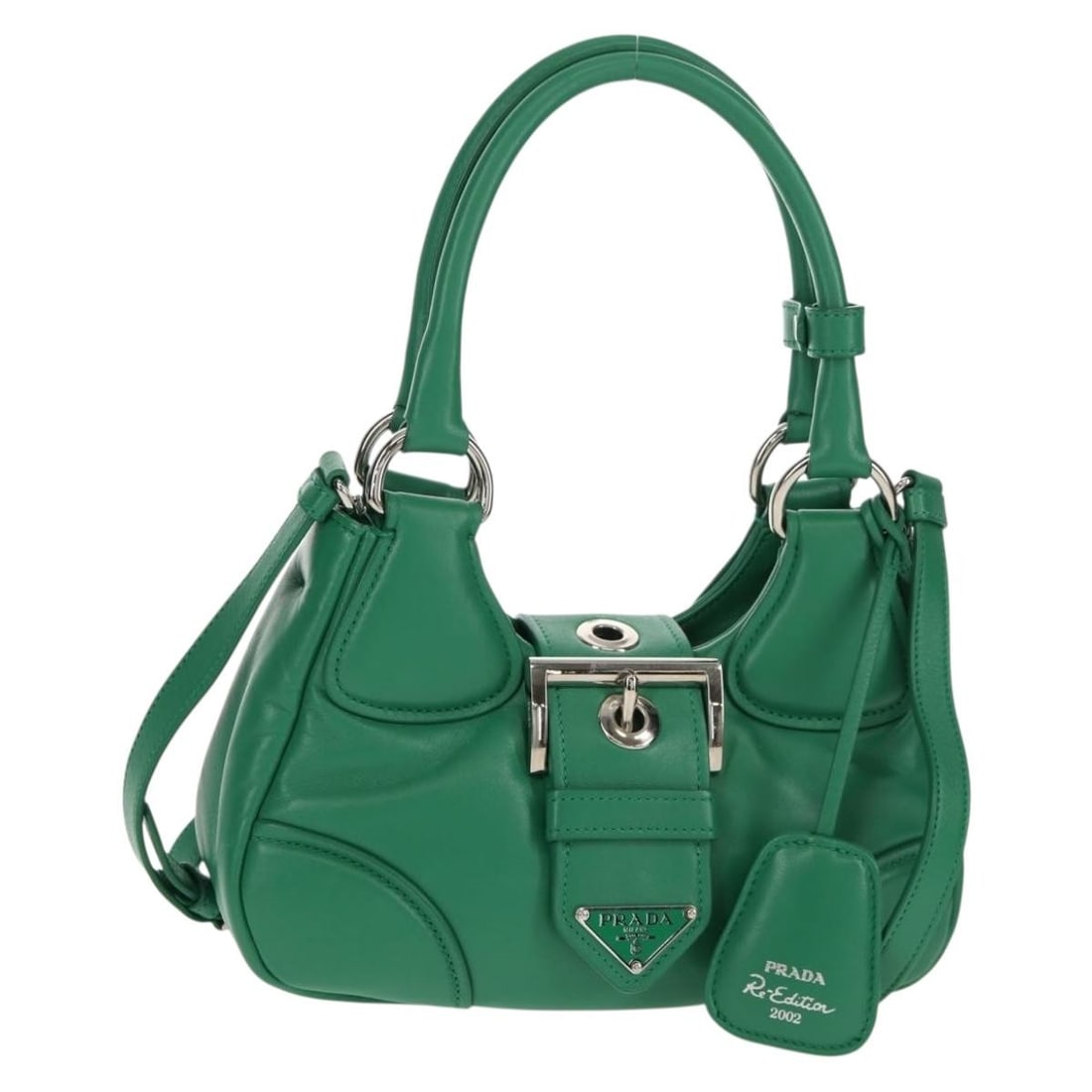 PRADA Moon Bag Green Silver Leather Hand Bag Authentic 152696SAM: PRADA Moon Bag Green Silver Leather Hand Bag Authentic 152696SAM This PRADA Moon Bag Hand Bag combines elegance and functionality, crafted from high-quality leather in a striking green and silver colo