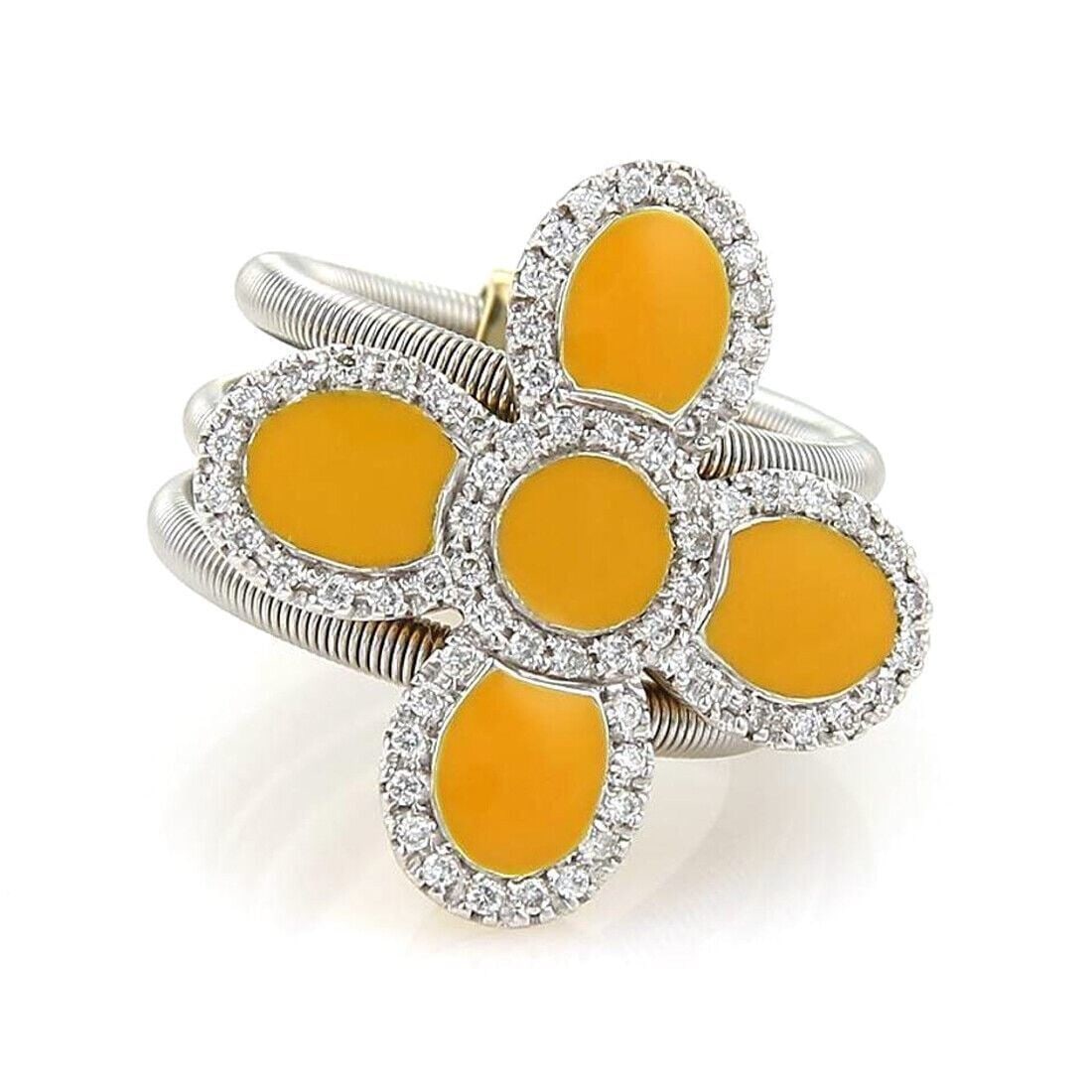 Roberto Coin Floral Flex Band Ring 18k Two Tone Gold Diamonds Enamel Size 6: Roberto Coin Floral Flex Band Ring 18k Two Tone Gold Diamonds Enamel Size 6 This Roberto Coin ring features a floral design adorned with diamonds and enamel, crafted in 18k two tone gold combining whi